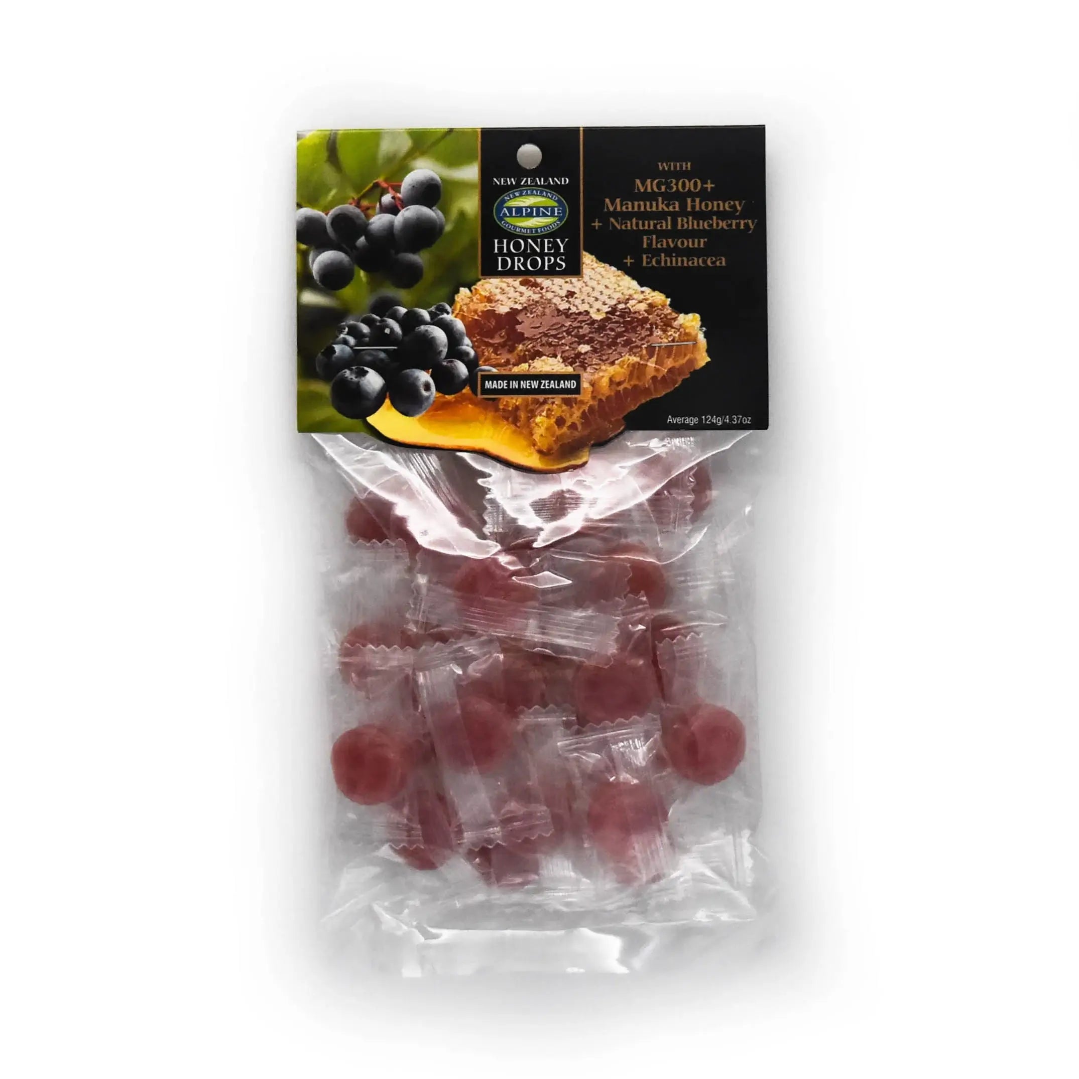 Packaging of Manuka Honey Blueberry Echinacea Drops showing the product in individual transparent sachets, with a label featuring the brand, product name, and images of blueberries and manuka honey.