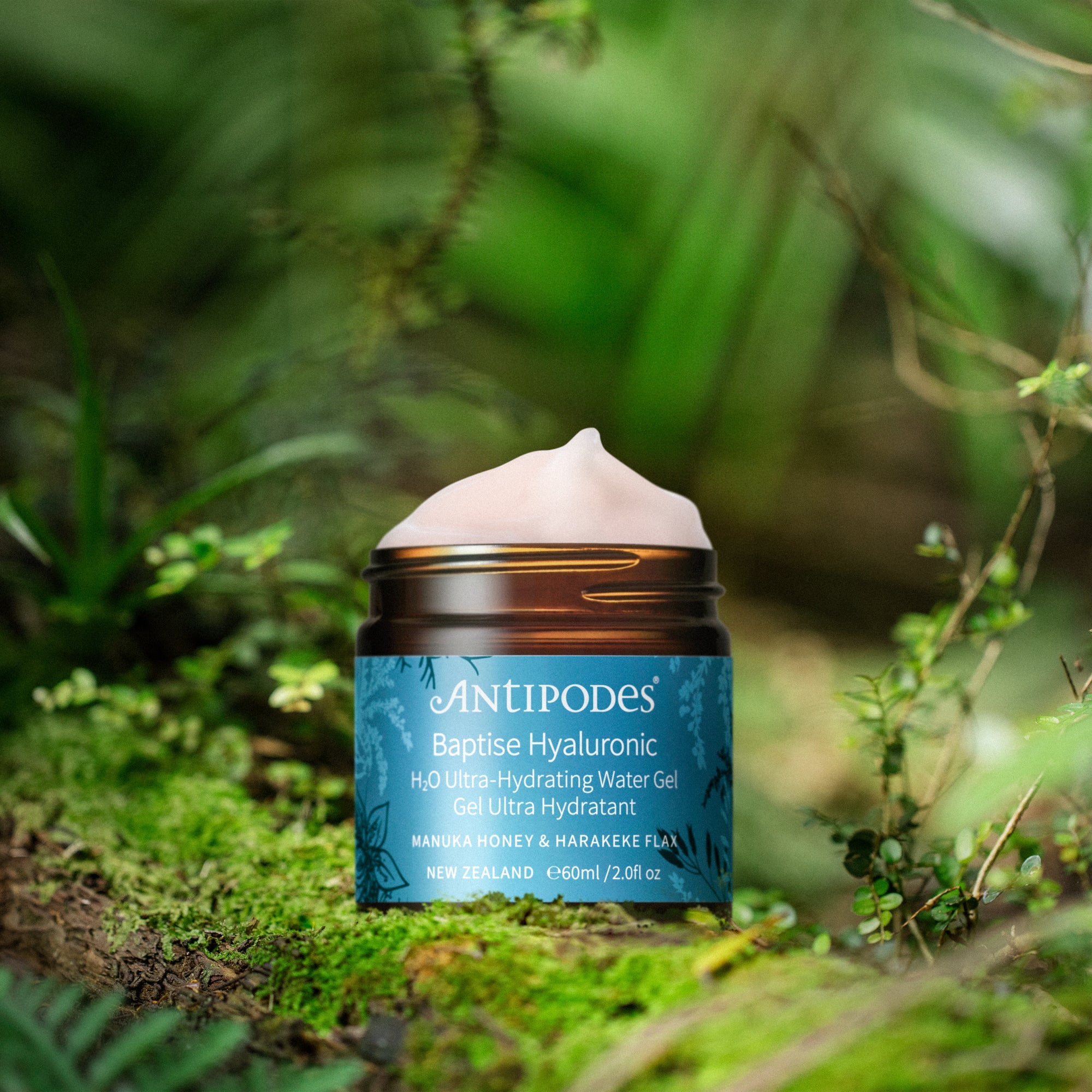 Antipodes Baptise Hyaluronic water Gel product on a natural background