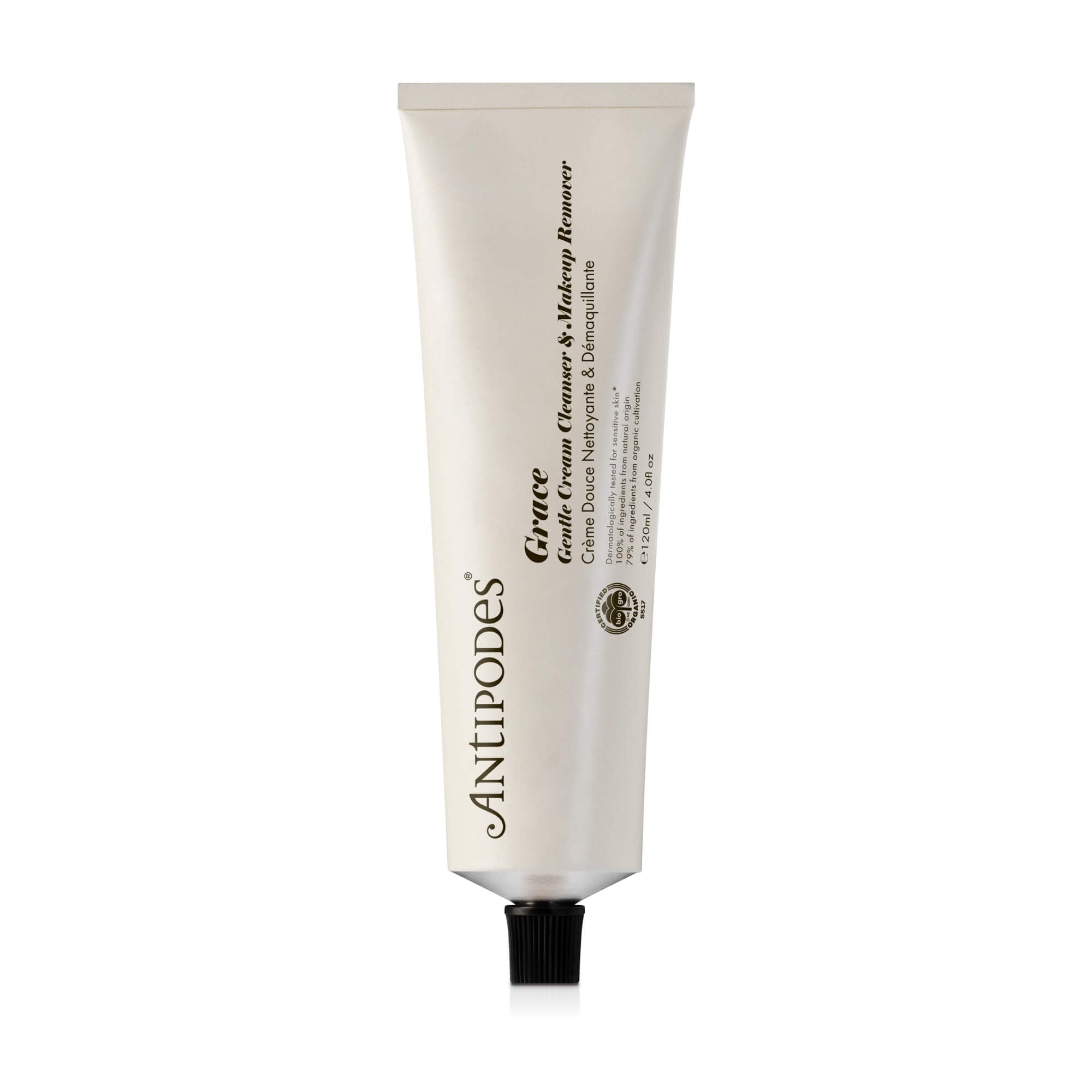 Antipodes Grace Gentle Cream Cleanser & Makeup Remover in a white tube with black and green text, 120ml size.