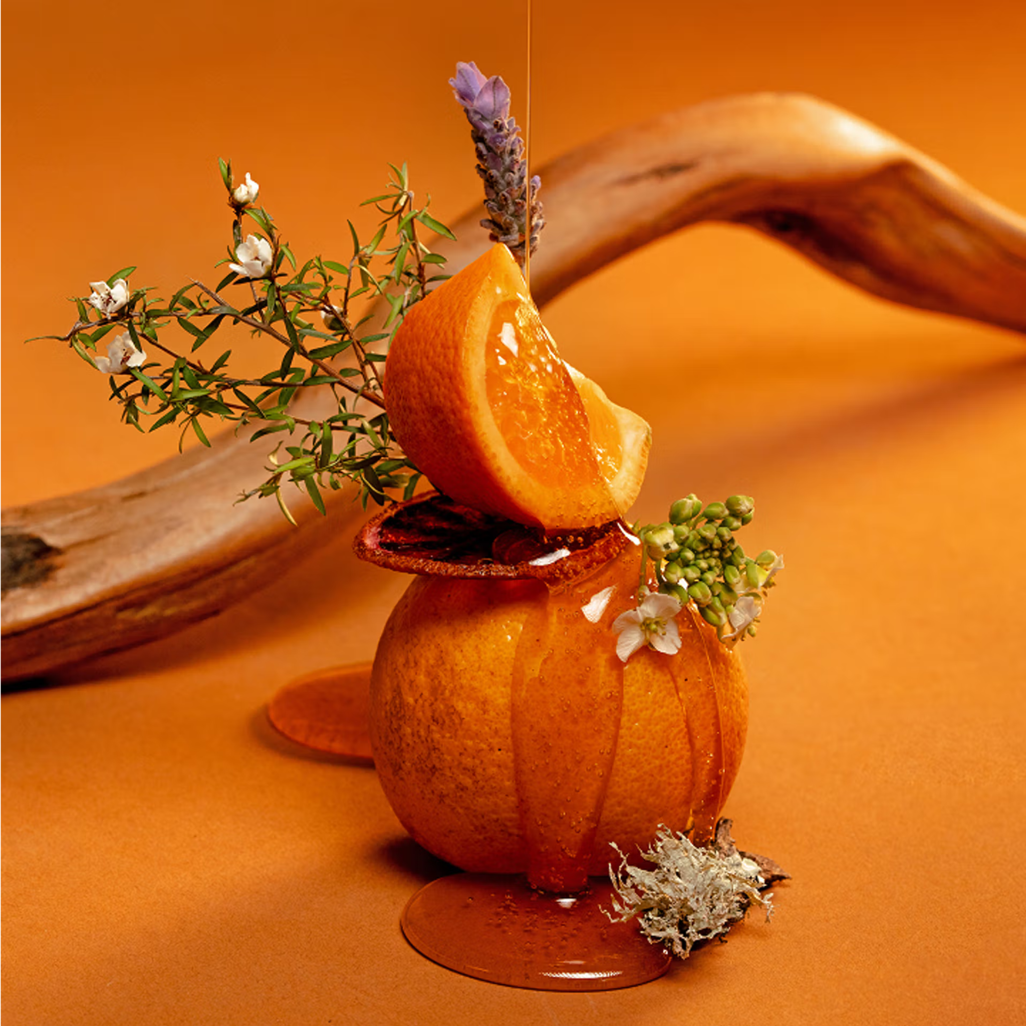Decorative pumpkin with orange slices and herbs on an orange background