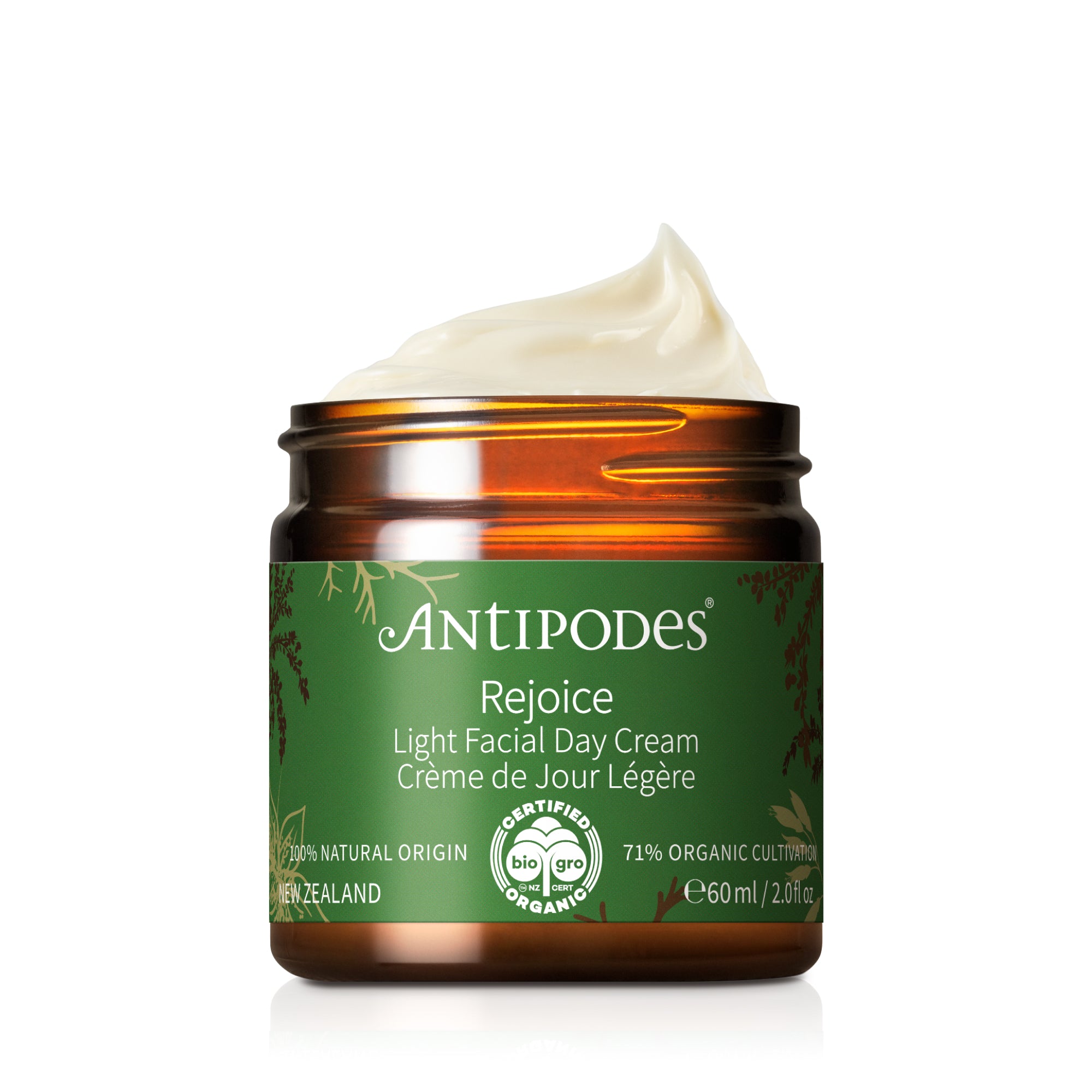 A jar of Antipodes Rejoice Light Facial Day Cream with a white cap on a plain background.