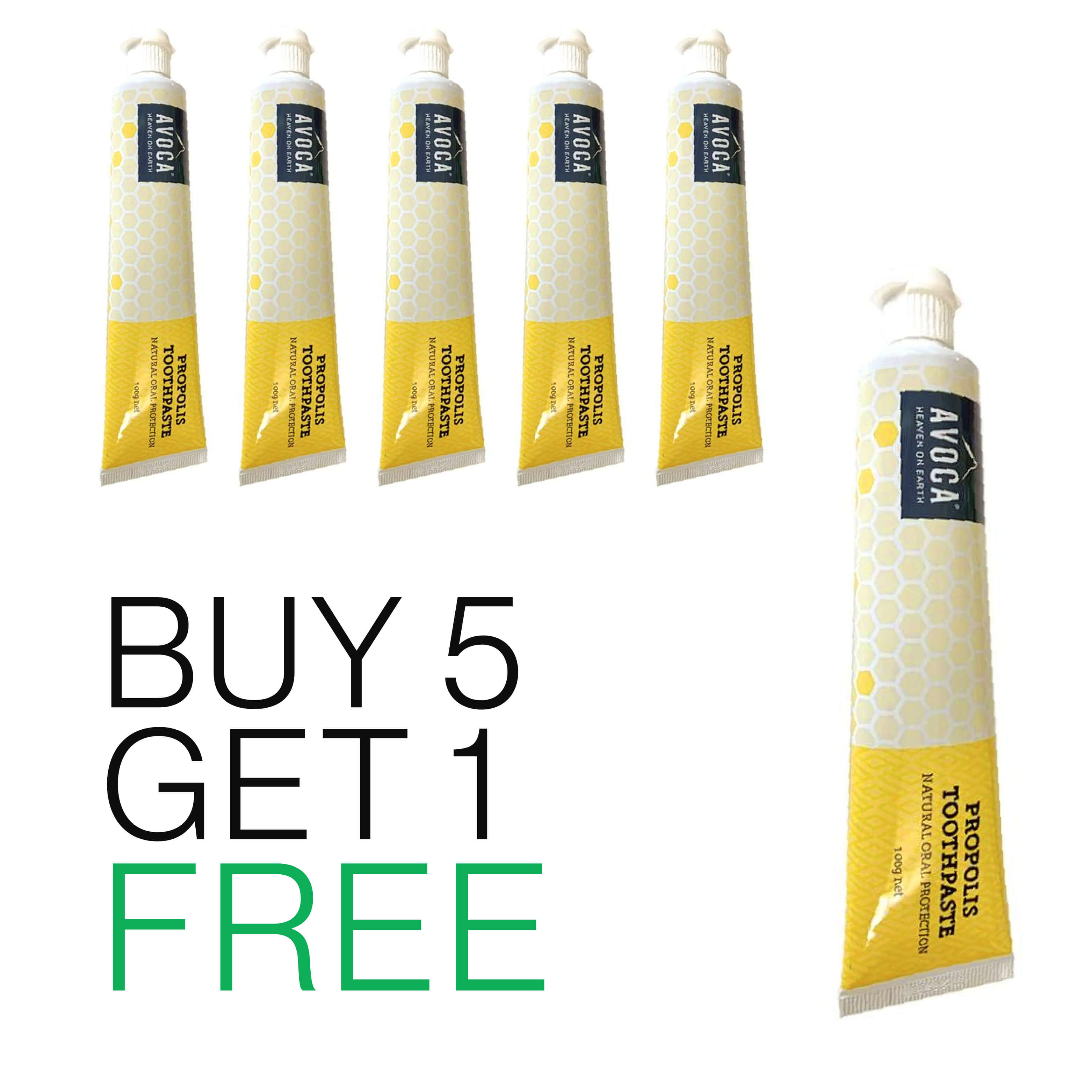 A set of six tubes of AVOCA propolis toothpaste, with a promotional offer of buy 5 get 1 free highlighted.