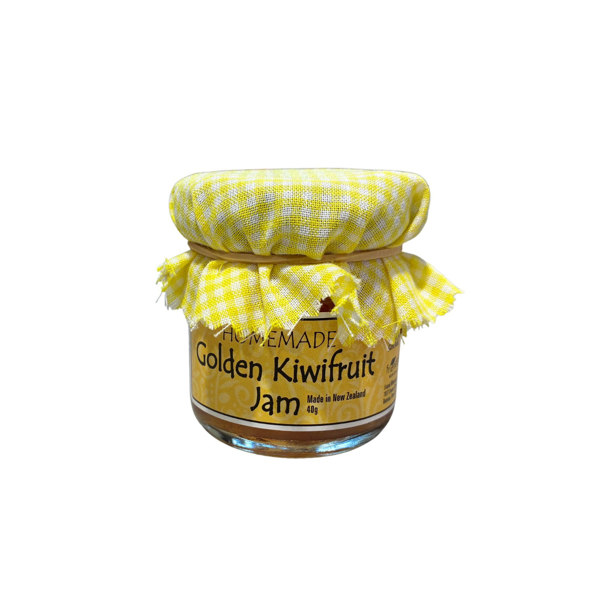 A glass jar of Golden Kiwifruit Jam with a yellow and white gingham checkered cloth lid, set against a plain white background.