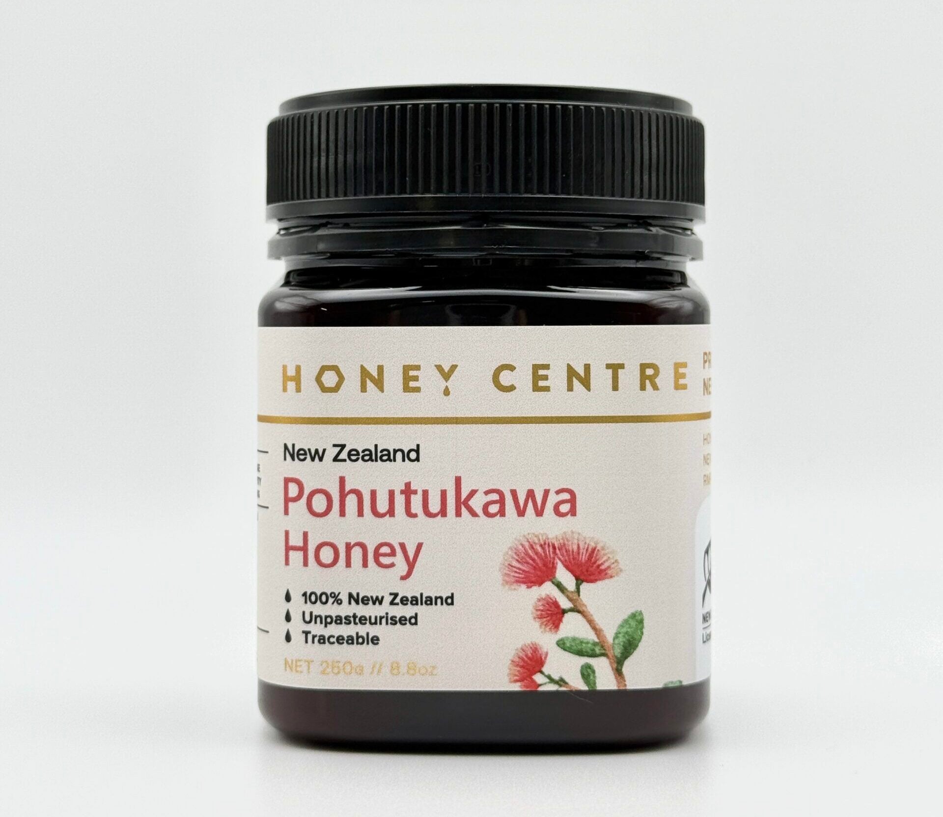 Jar of Honey Centre Pohutukawa Honey on a white background