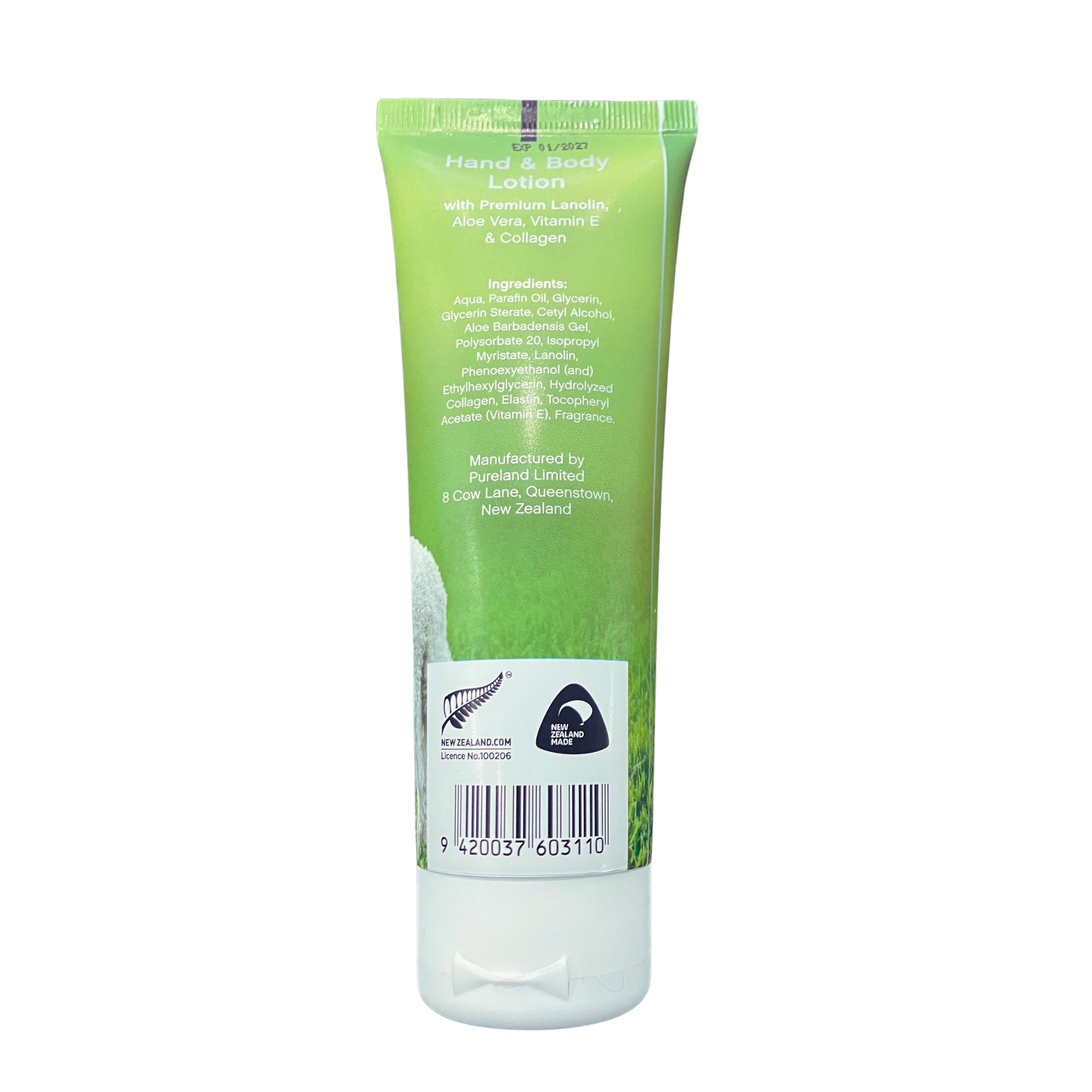 Green and white bottle of Koha Lanolin Hand and Body Lotion with label on a white background