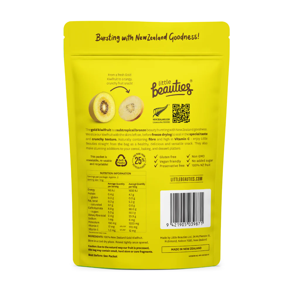 Yellow package of 'Little Beauties' gold kiwifruit with text and graphics on a white background
