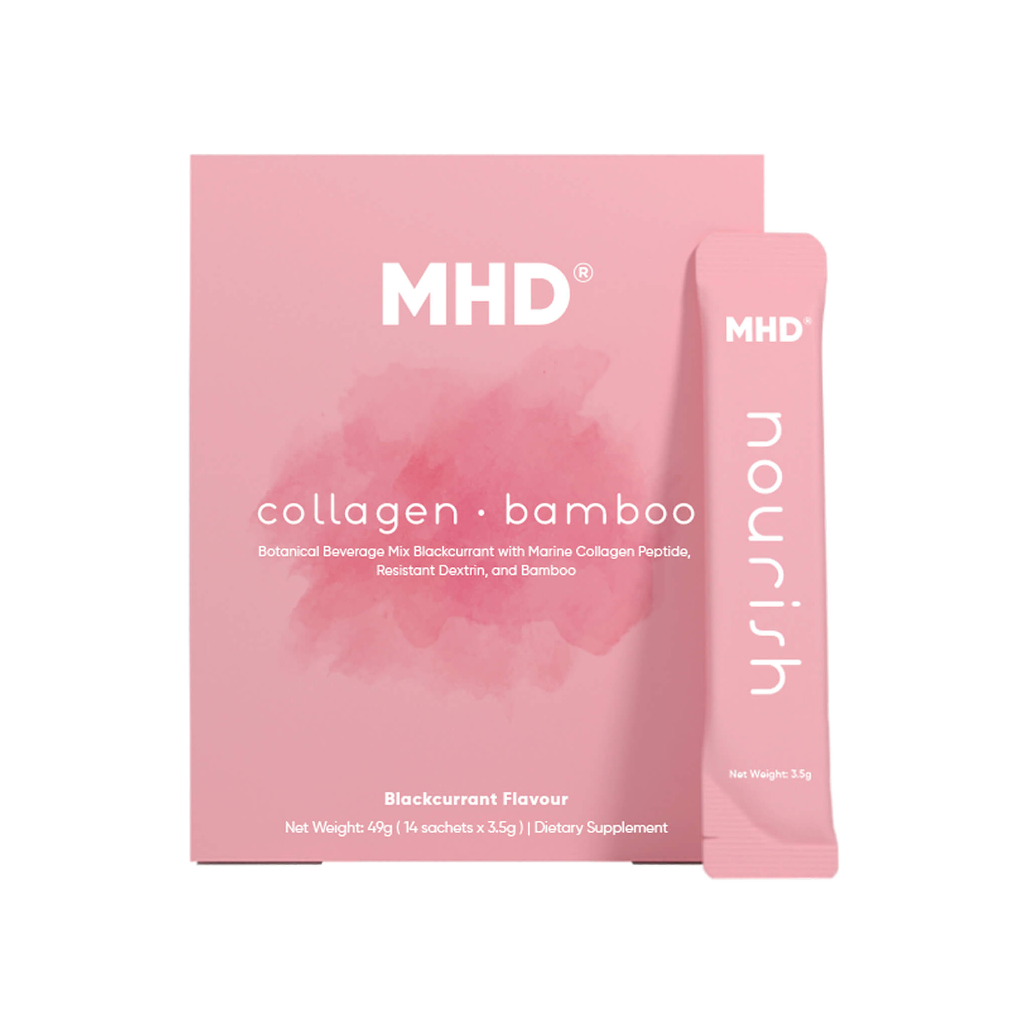 Pink package of MHD Hair and Nail collagen bamboo supplement on a white background