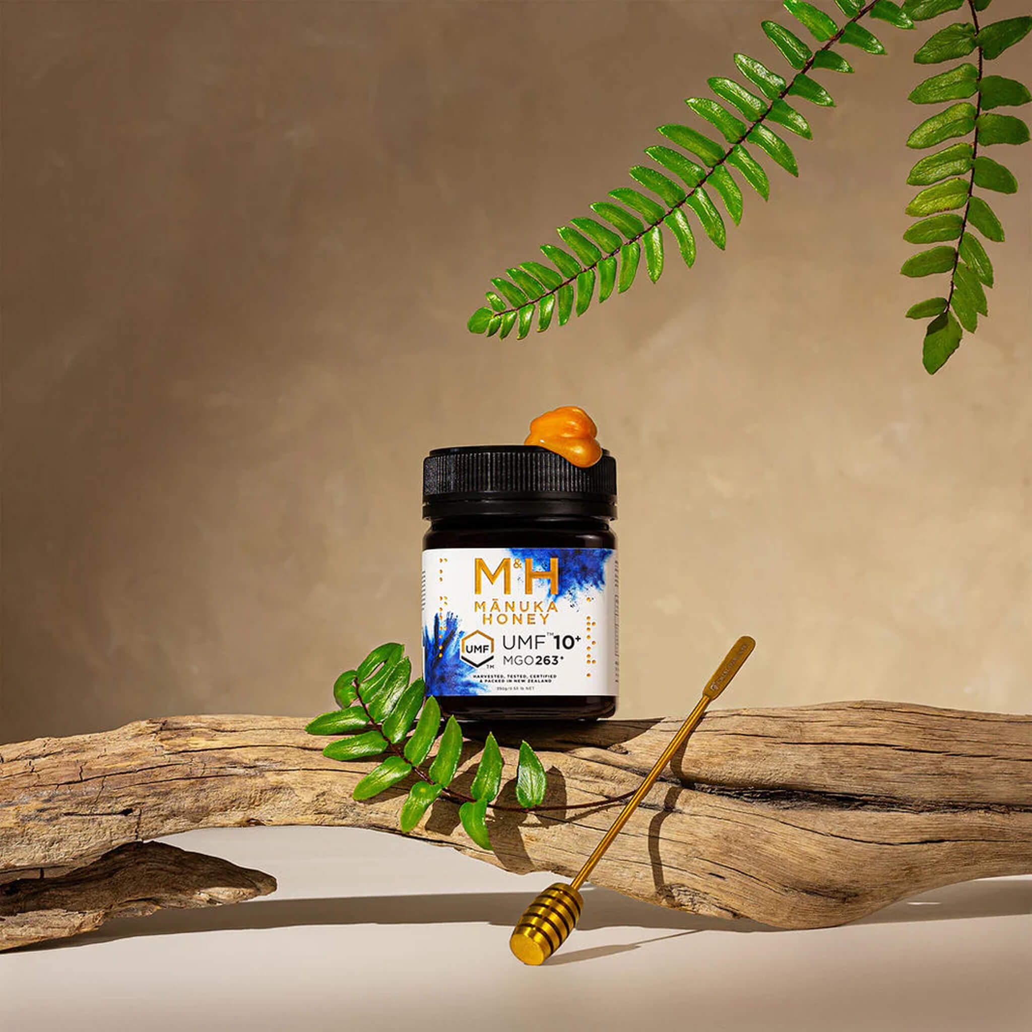 Jar of M&H Manuka Honey with UMF 10+ on a wooden surface with leaves and a honey dipper.
