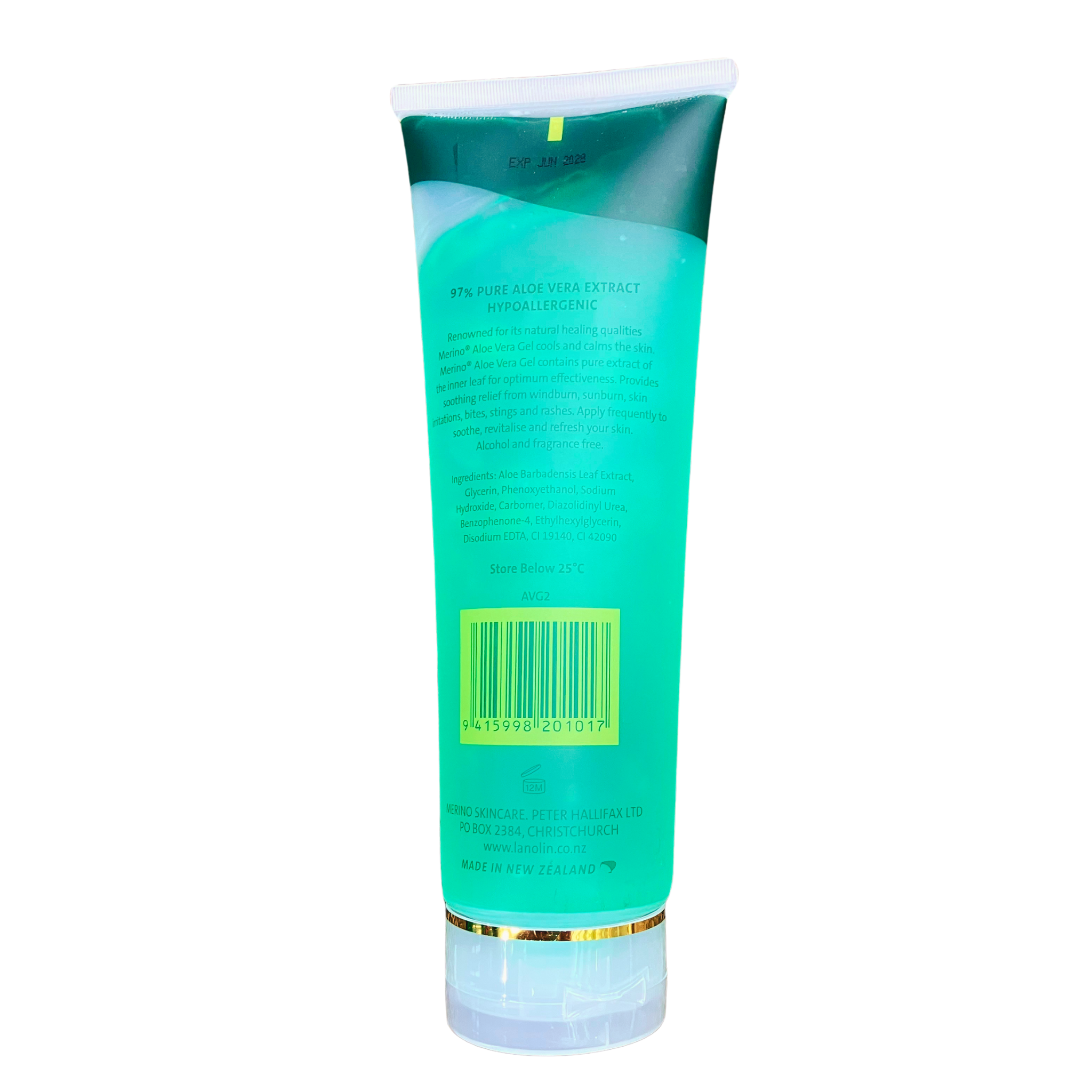 Merino Aloe Vera Gel tube of skincare product with label on a white background