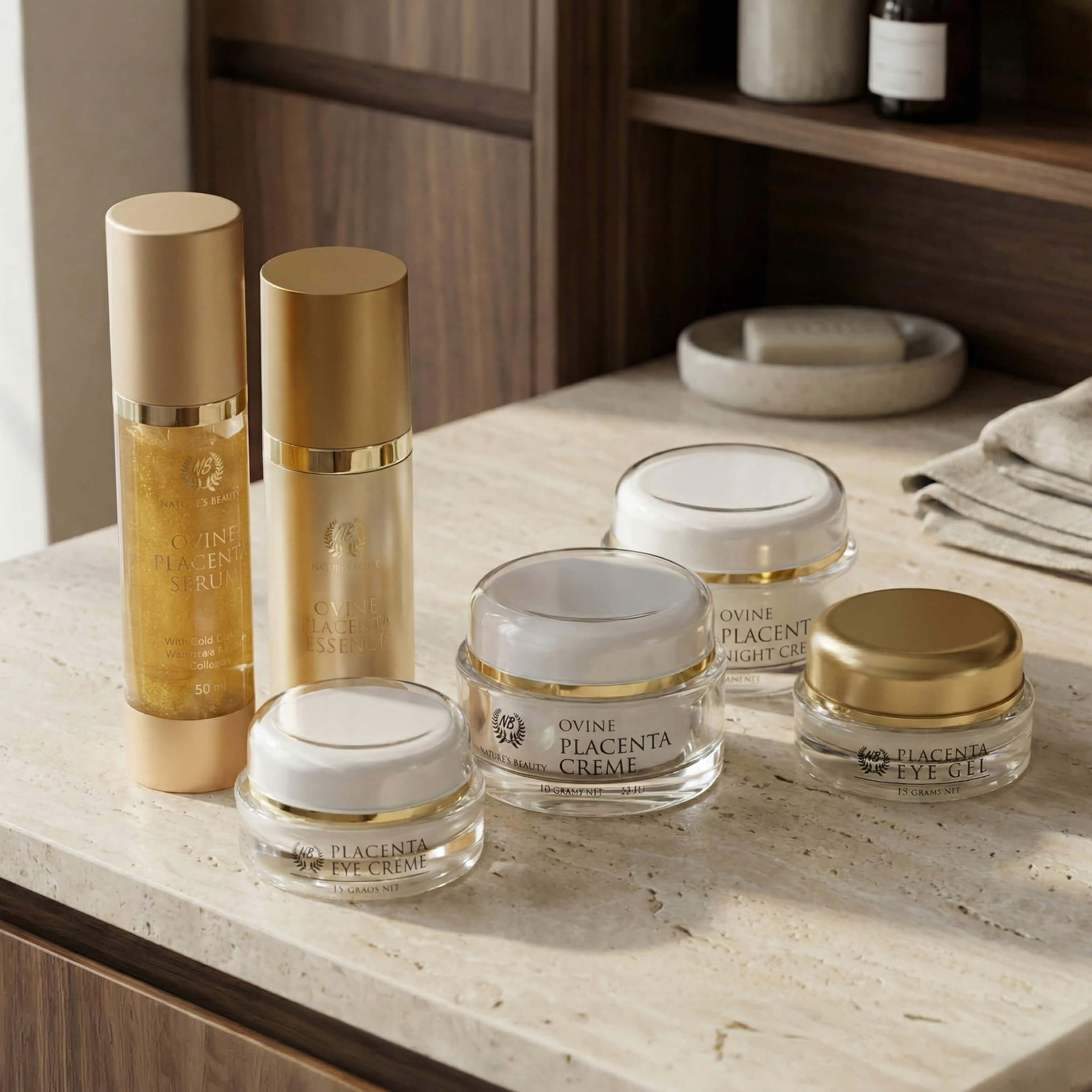 Set of Nature's Beauty Ovine skincare products on a wooden surface with a neutral background