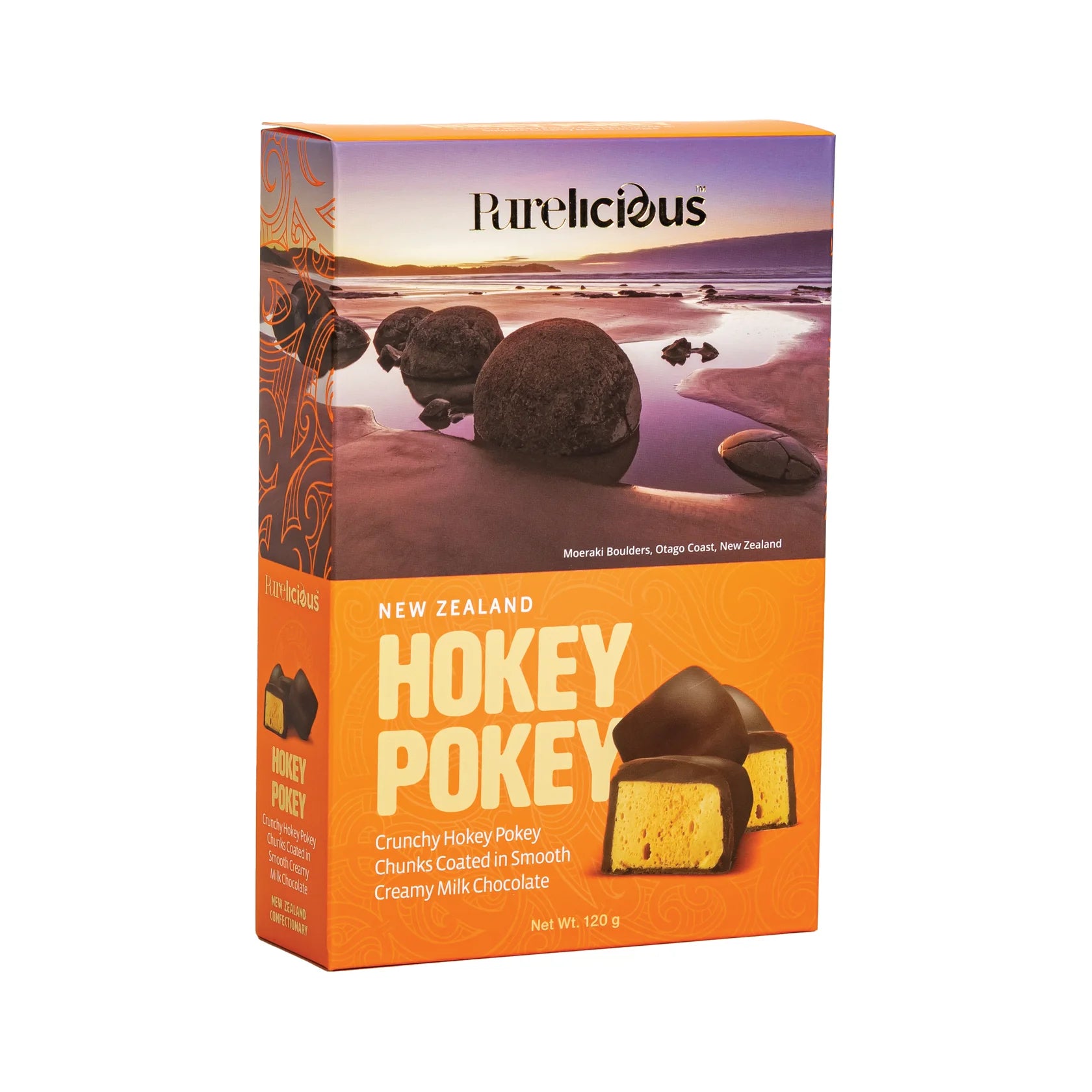 Purelicious New Zealand Hokey Pokey packaging with a scenic background