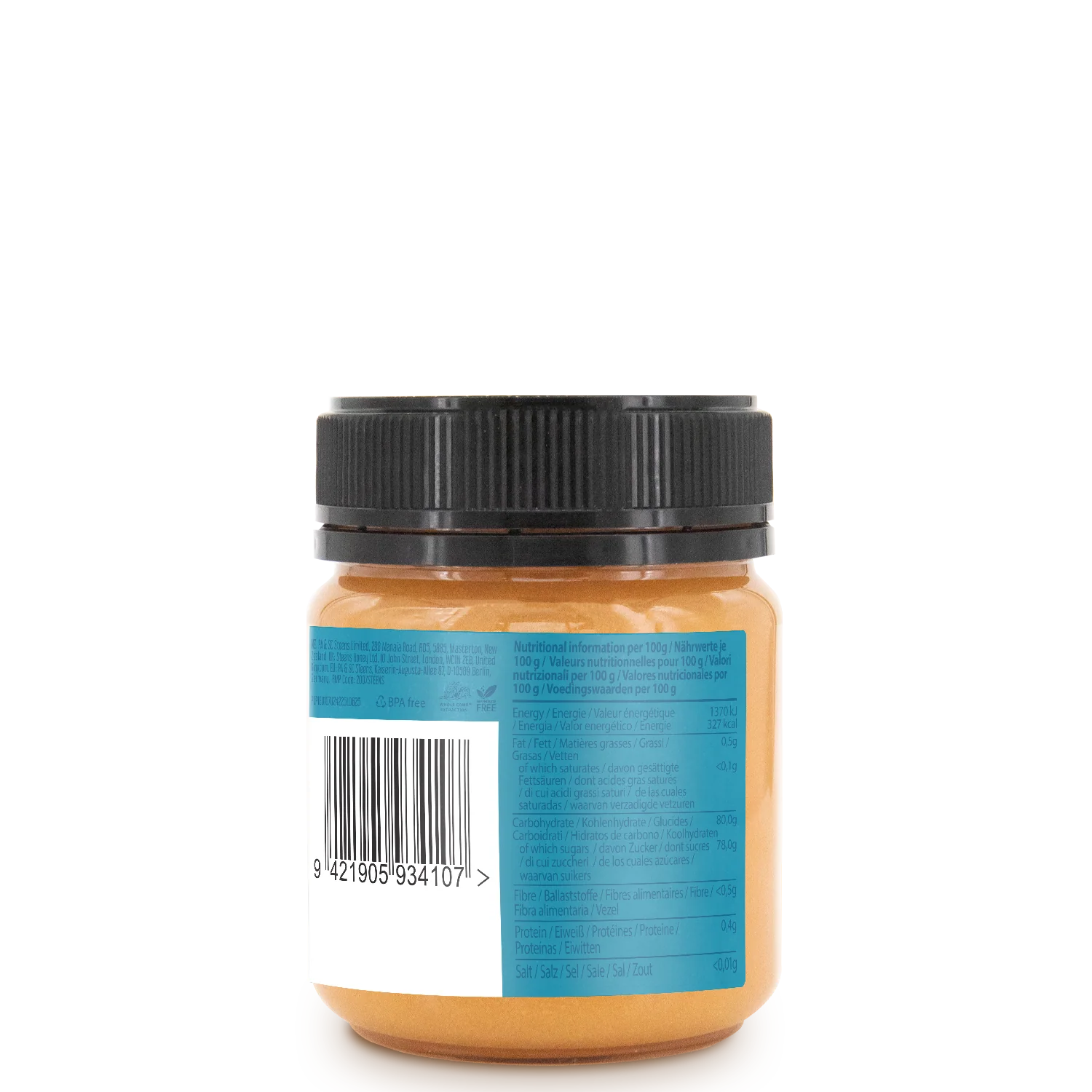 Jar of Steens Manuka Honey UMF24+ 225g with a black lid and blue label on a white background