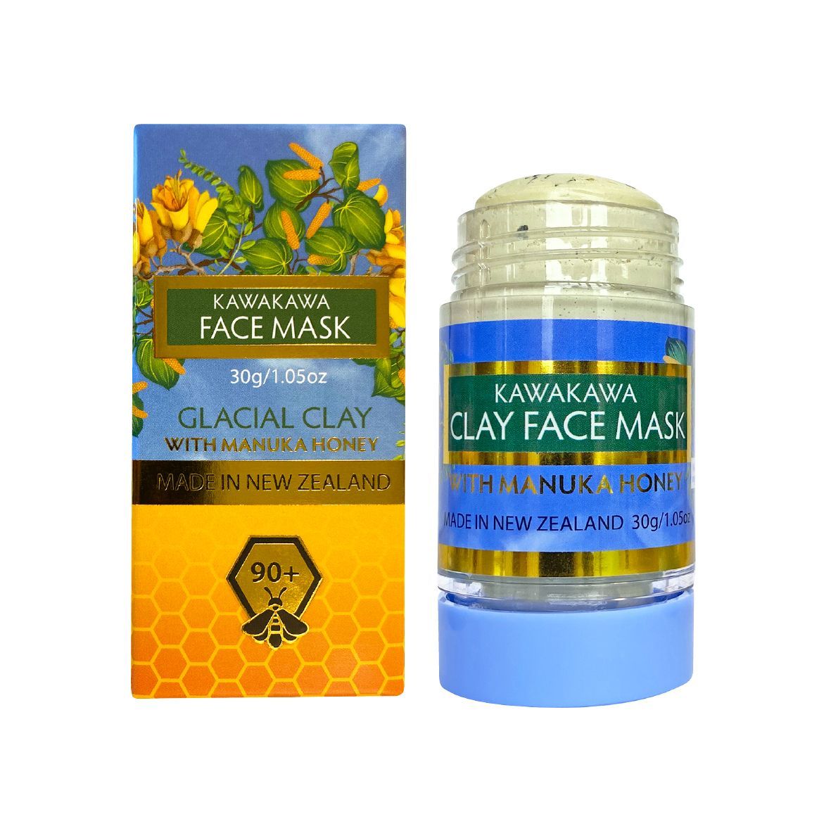 The image shows a stick-type The Natural Land clay face mask Kawakawa in a clear tube with blue cap, alongside its yellow packaging box featuring floral design and product information in Japanese.