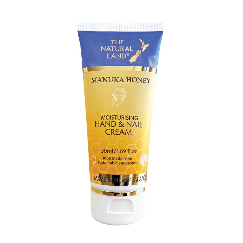 The Natural Land Manuka Honey Moisturising Hand & Nail Cream tube with blue and yellow design on a white background