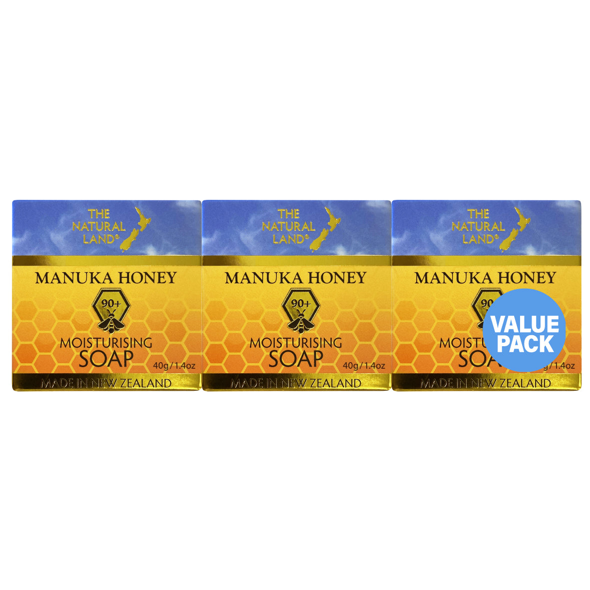 Three bars of The Natural Land Manuka Honey Soap, 40g each, packaged together with a 'VALUE PACK' label.
