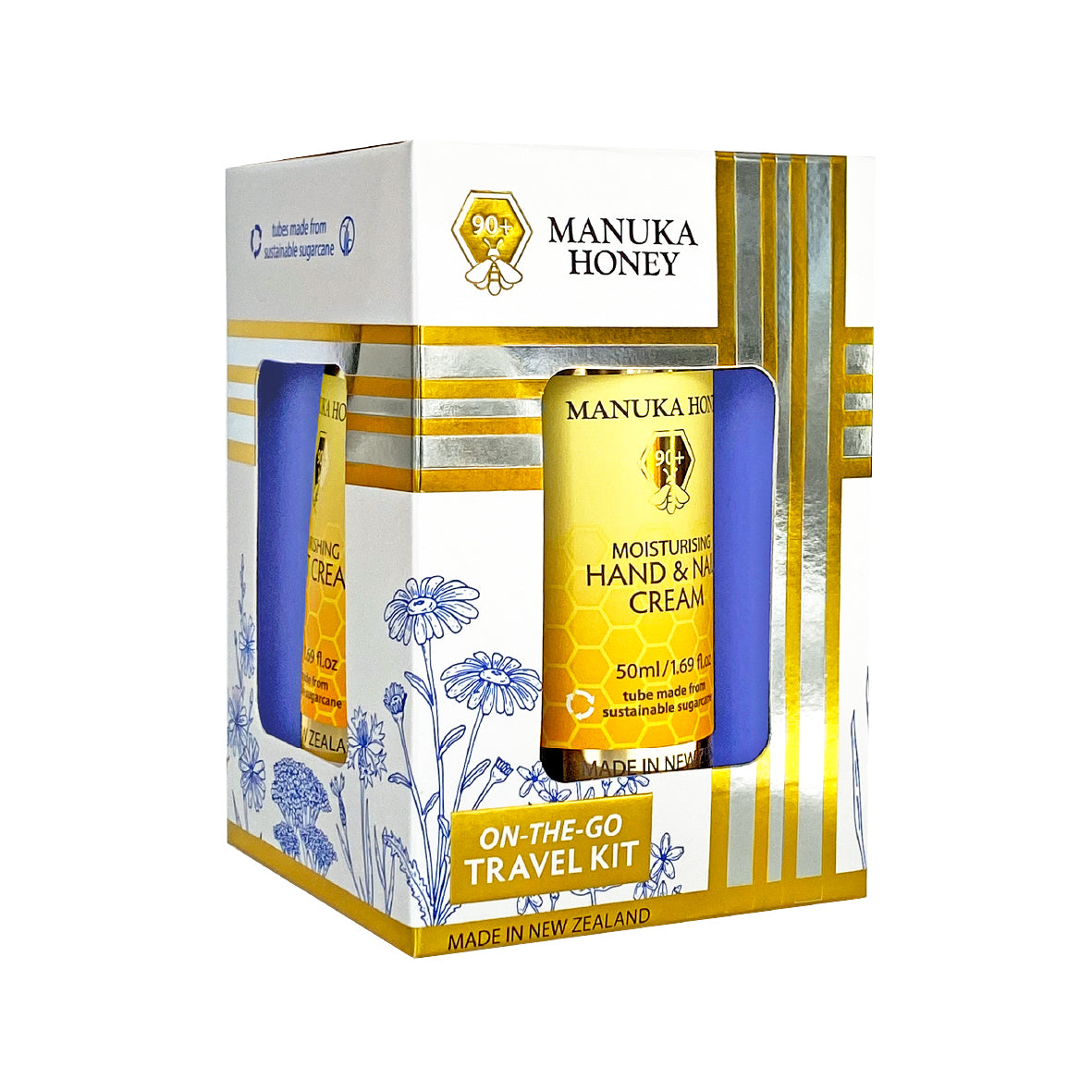 Manuka Honey On-The-Go Travel Kit packaging containing multiple products such as hand and nail cream, hydration day cream, night cream, and cream cleanser.