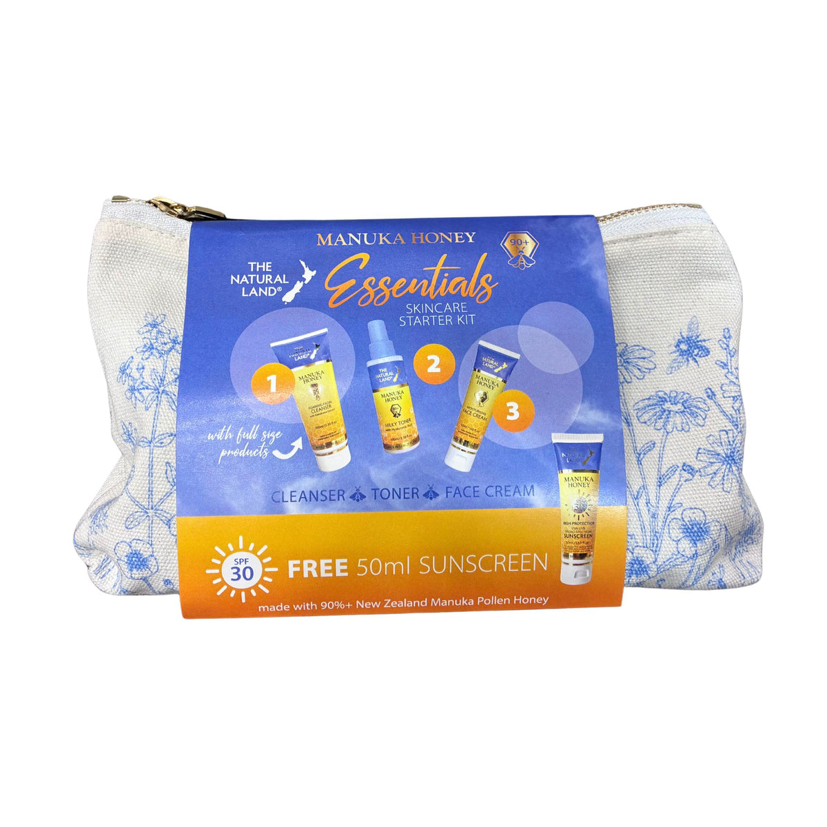 Manuka Honey Essentials Skincare Starter Kit in a zippered pouch with a blue floral pattern, featuring a large blue and orange product label.