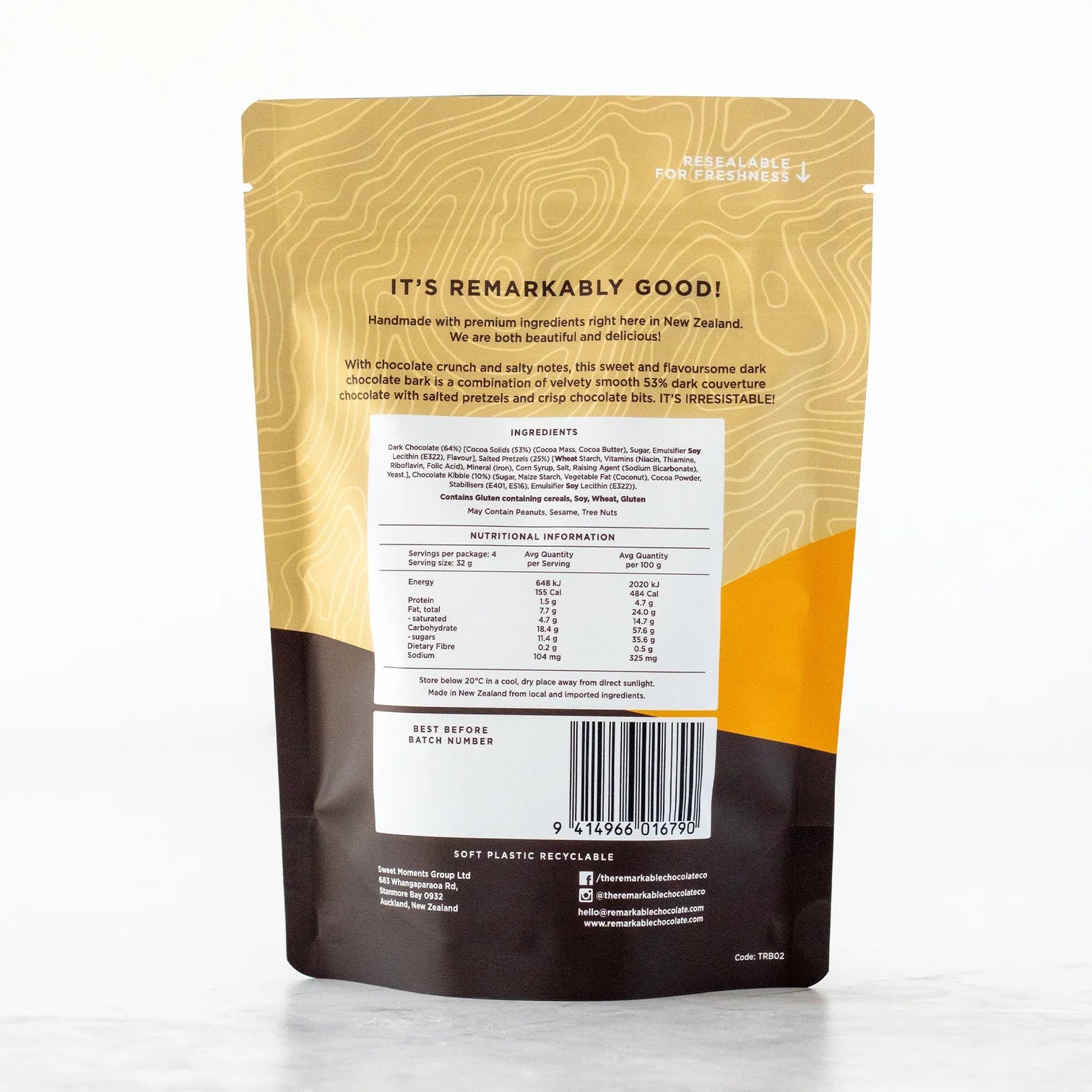 Back view of the remarkable chocolate bark with pretzel and chocolate crunch packaging with text and nutritional information on a white background