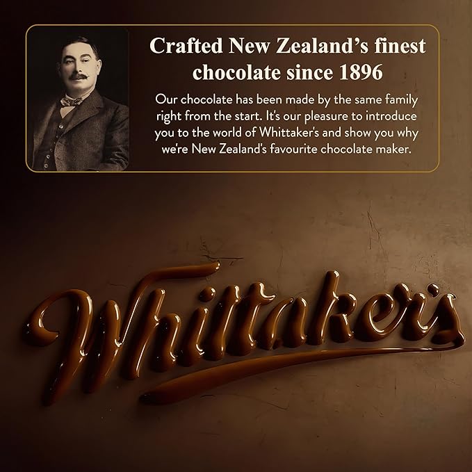 Whittaker's chocolate brand advertisement with a vintage portrait and text about their long history in New Zealand.