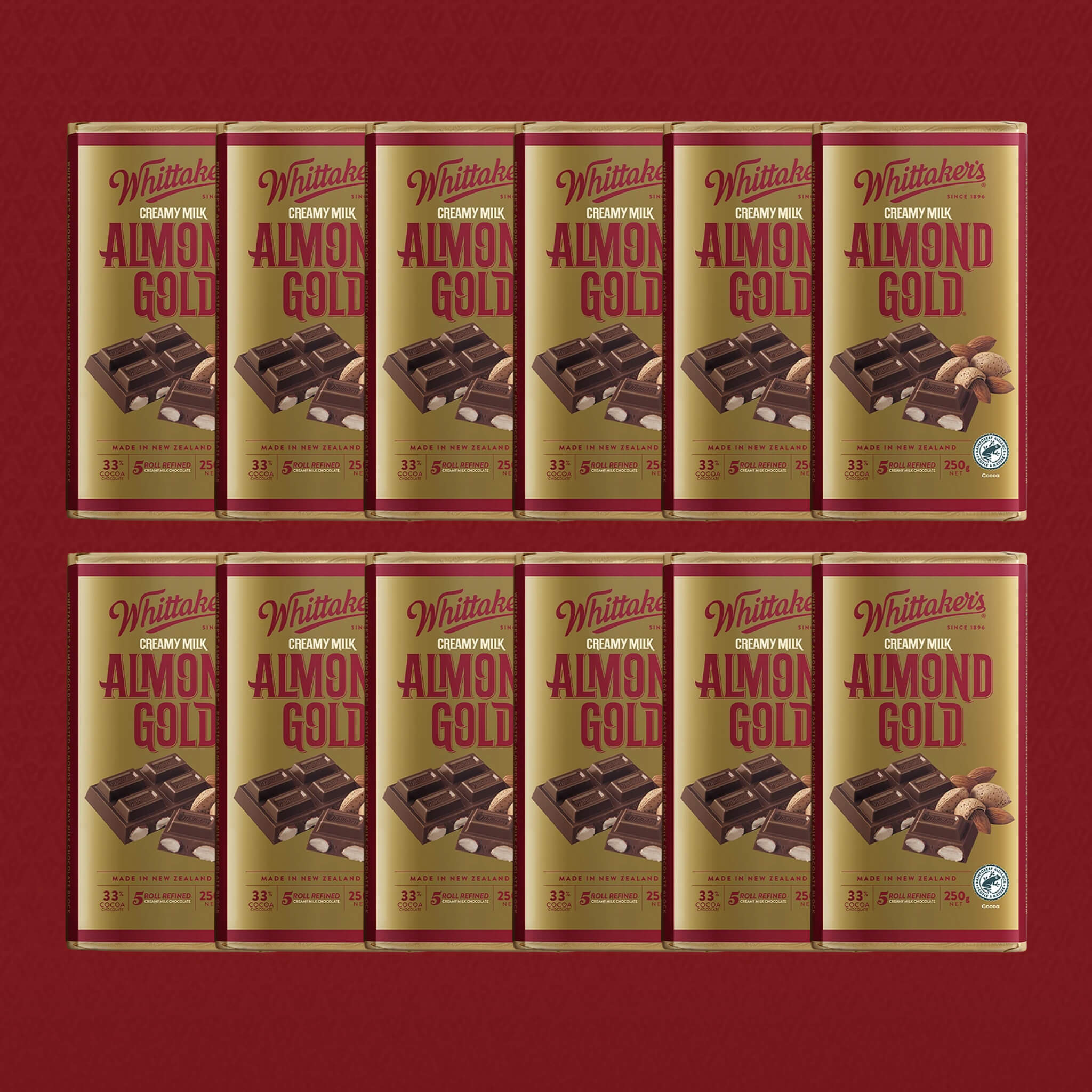 Grid of Whittaker's Almond Gold chocolate bars on a red background