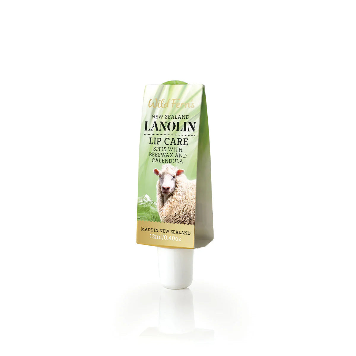 Wild Ferns Lip balm with a green label featuring a sheep on a white background