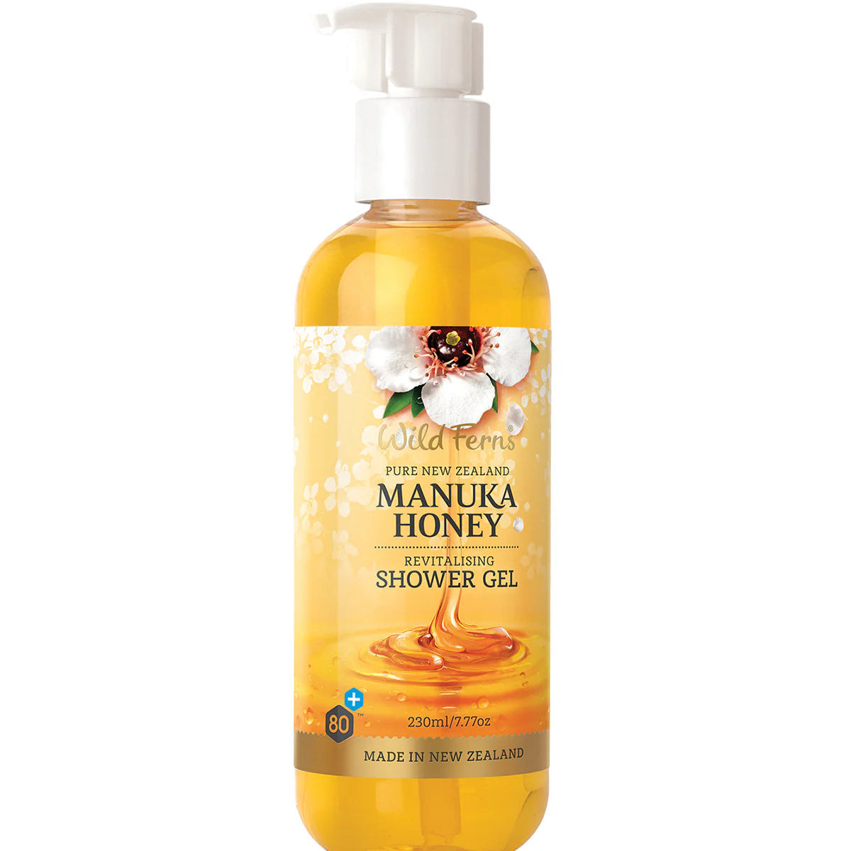 Bottle of wild ferns Manuka Honey shower gel with pump on a white background