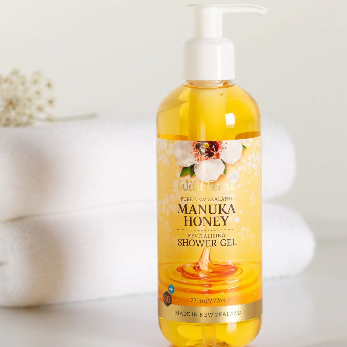 Wild Ferns Manuka Honey shower gel bottle on a white background