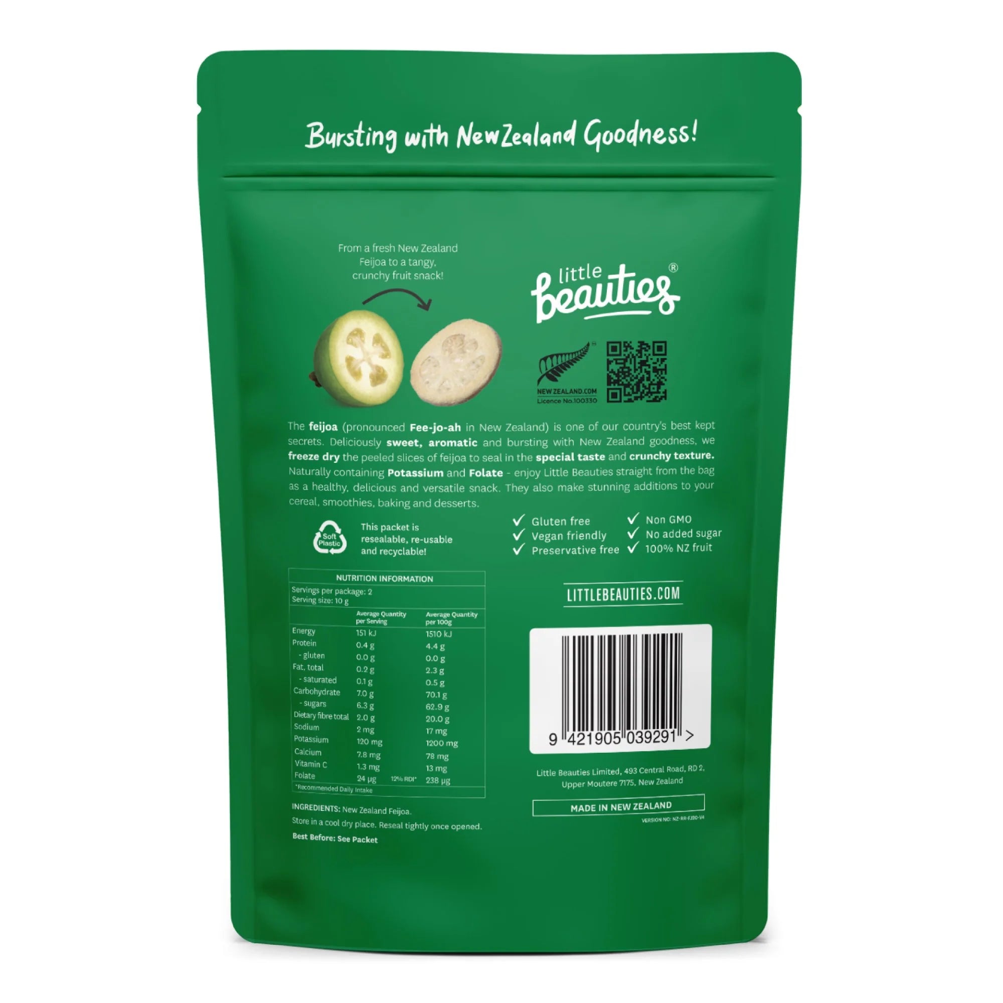 Green packaging of little beauties Crunchy Feijoa Slices with text and nutritional information on a white background