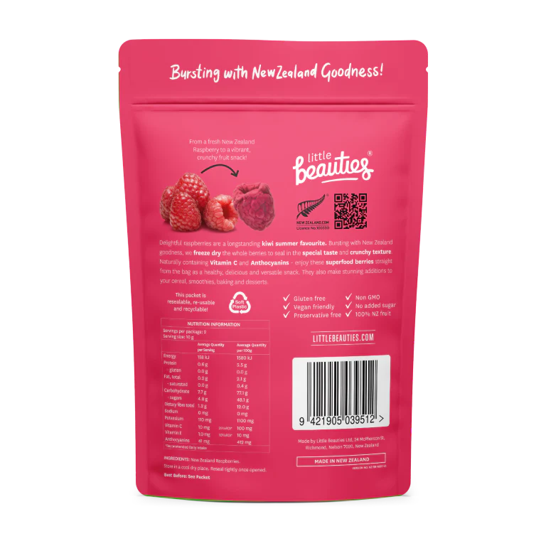 Pink packaging of Little Beauties freeze dried raspberries with text and graphics on a white background
