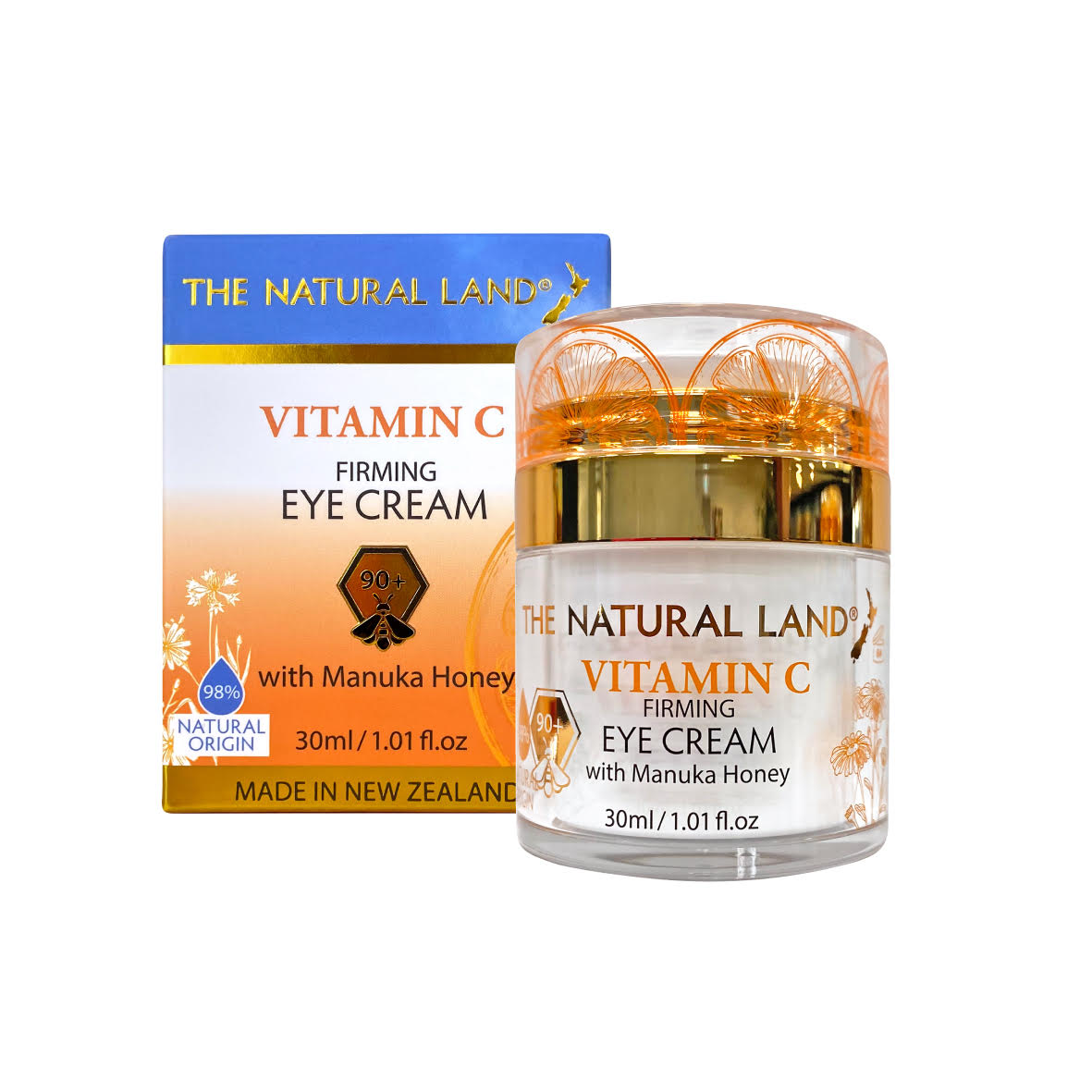 The Natural Land Vitamin C firming eye cream with packaging on a white background