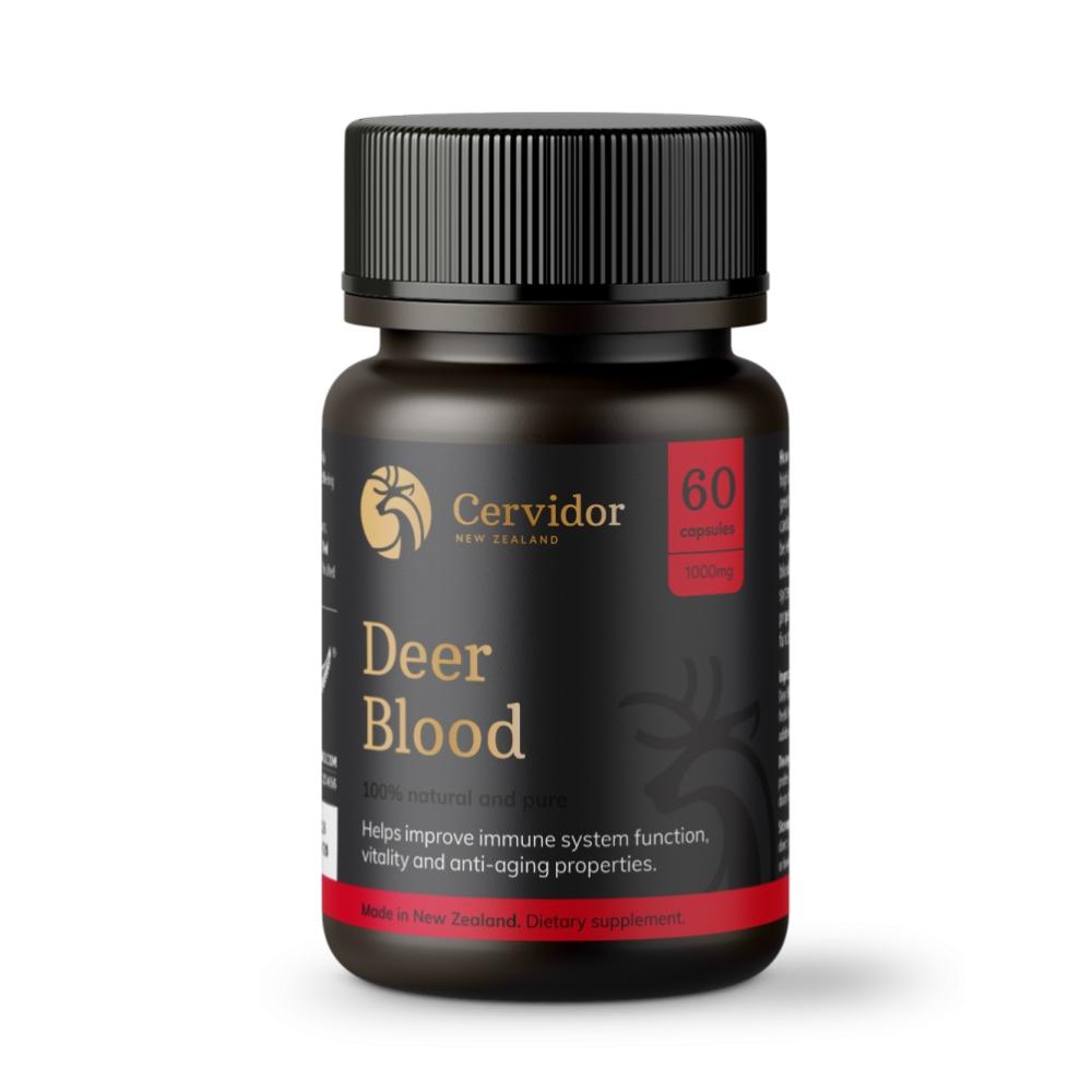 A bottle of Cervidor Deer Blood 2,500mg 60 Capsules with white background