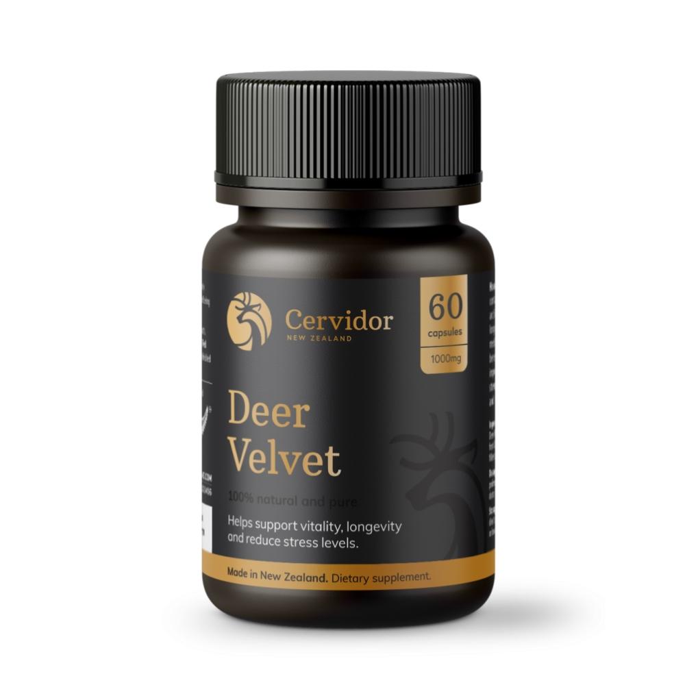 A bottle of Cervidor Deer Velvet 1,000mg 60 Capsules with white background