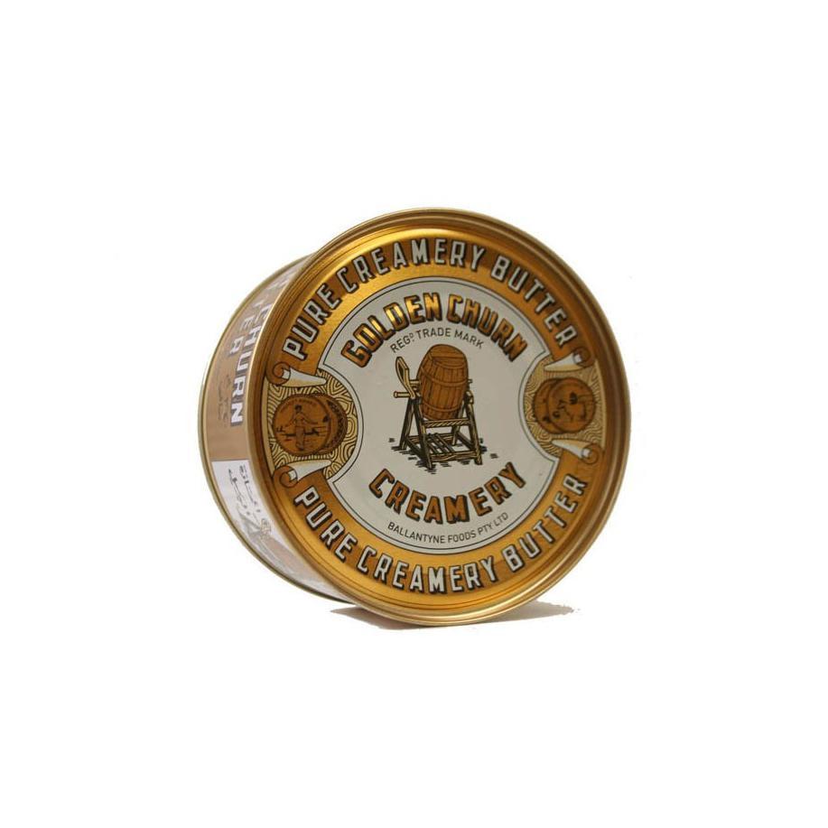 A tin can of Golden Churn Pure Creamery Butter, 340g net weight, with yellow and white label.