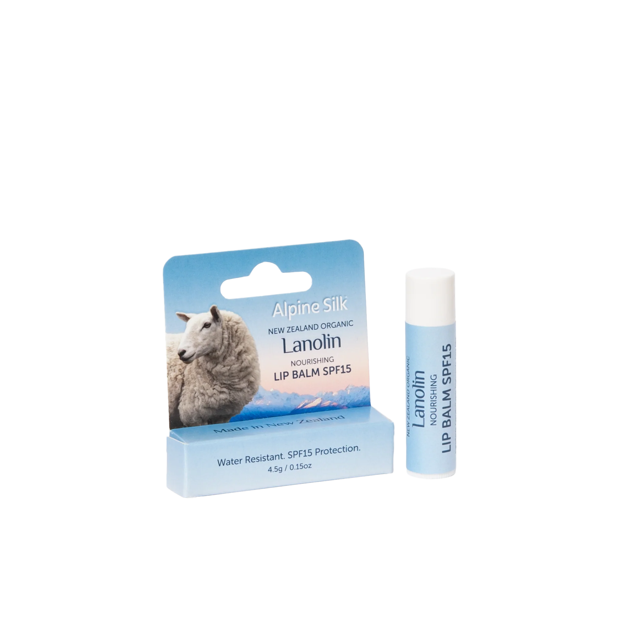 Alpine Silk Lanolin lip balm with packaging on a white background