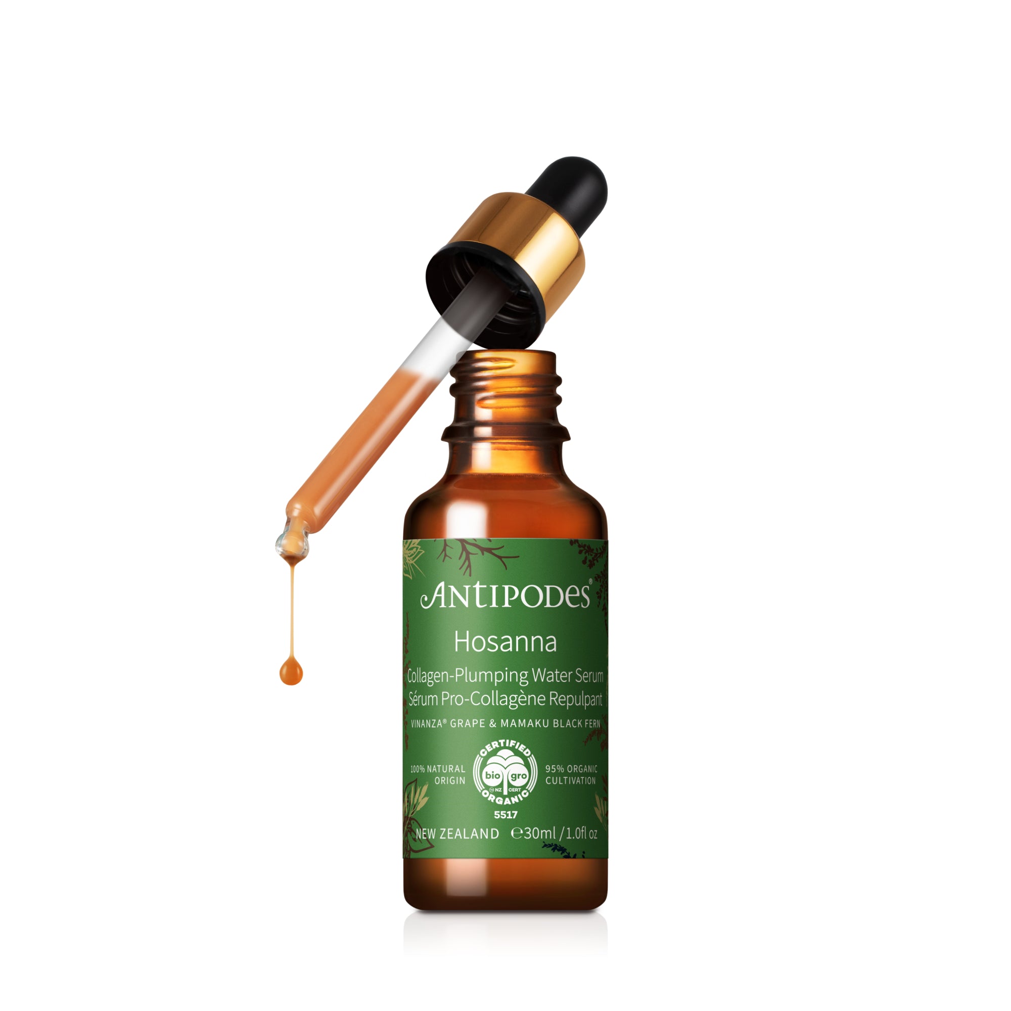 A brown glass bottle with a dropper containing the Antipodes Hosanna Collagen Plumping Water Serum, labeled with green and white branding.