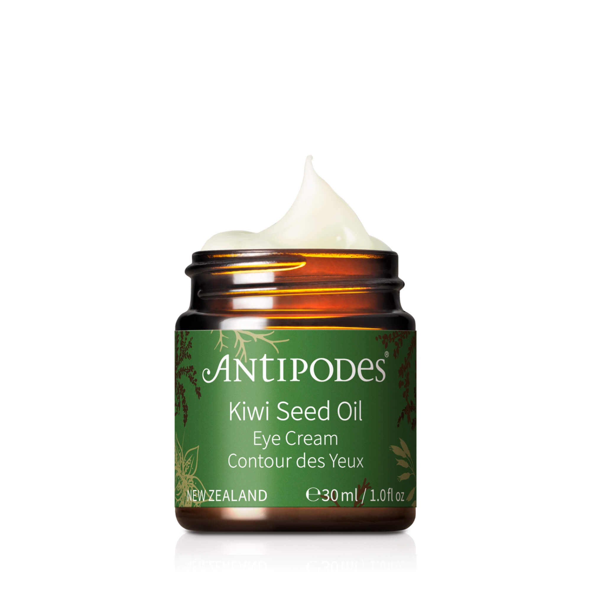 Antipodes Kiwi Seed Oil Eye Cream in a clear glass jar with a green label, 30ml capacity.