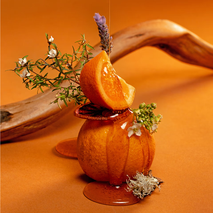 Decorative pumpkin with orange slices and herbs on an orange background