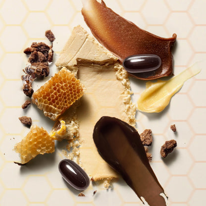 Assorted Avoca bee propolis including honeycomb, honey drips, and honeycombs on a light background