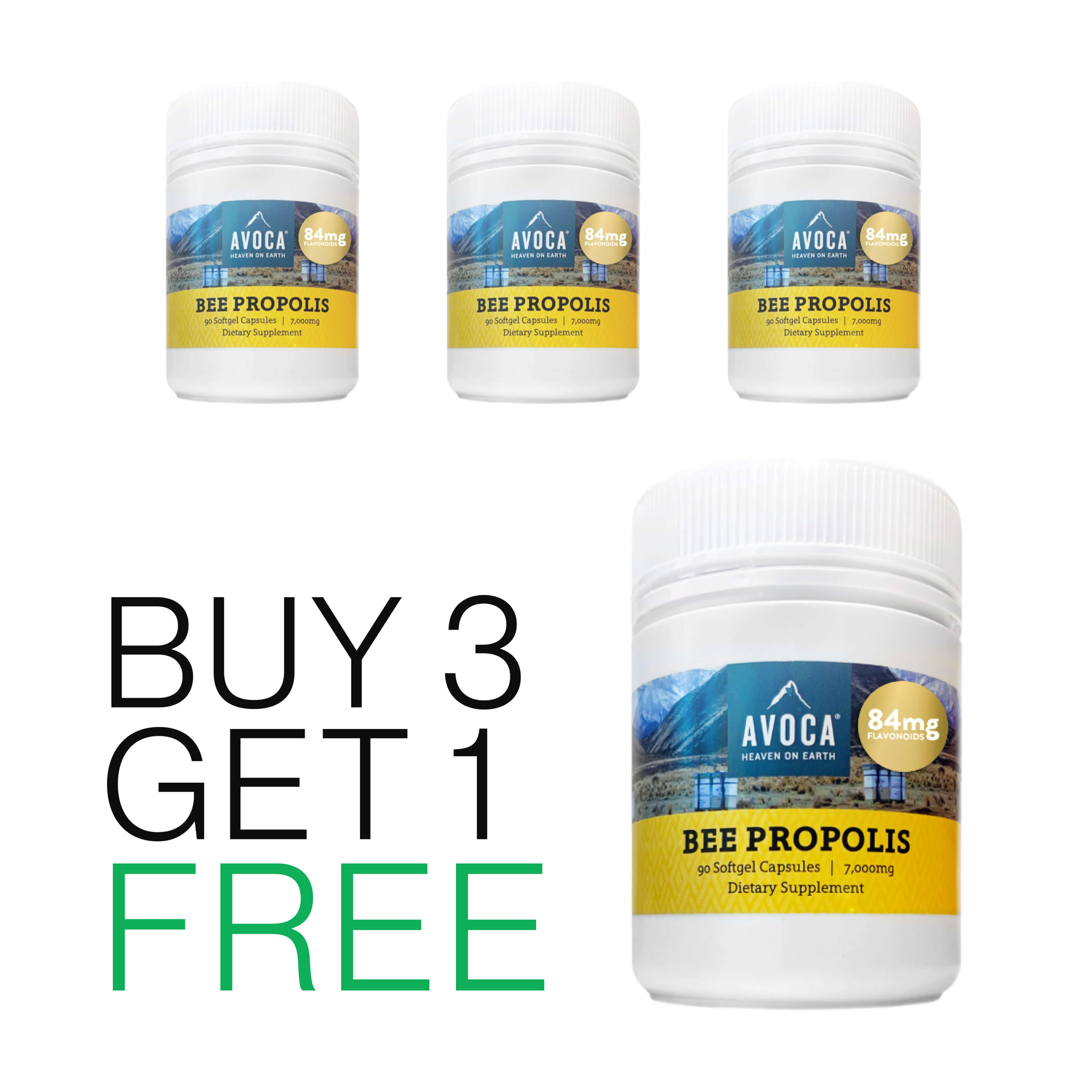 Avoca Propolis Soft Gel Capsules Buy 3 Get 1 Free with white background