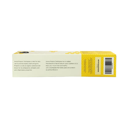 Yellow and white Avoca Propolis toothpaste tube packaging with text and a barcode on a white background