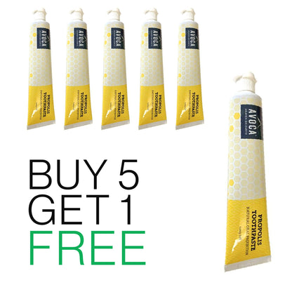 A set of six tubes of AVOCA propolis toothpaste, with a promotional offer of buy 5 get 1 free highlighted.
