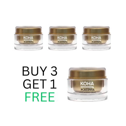 Four jars of KOHA Placenta cream with a promotional text 'Buy 3 Get 1 Free' on a white background.