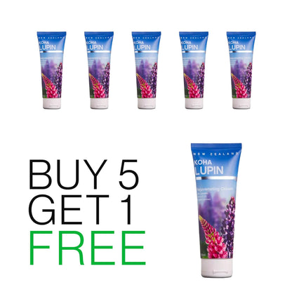 A set of six tubes of KONA LUPIN rejuvenating cream with a floral design, indicating a promotion of 'Buy 5 Get 1 Free'.