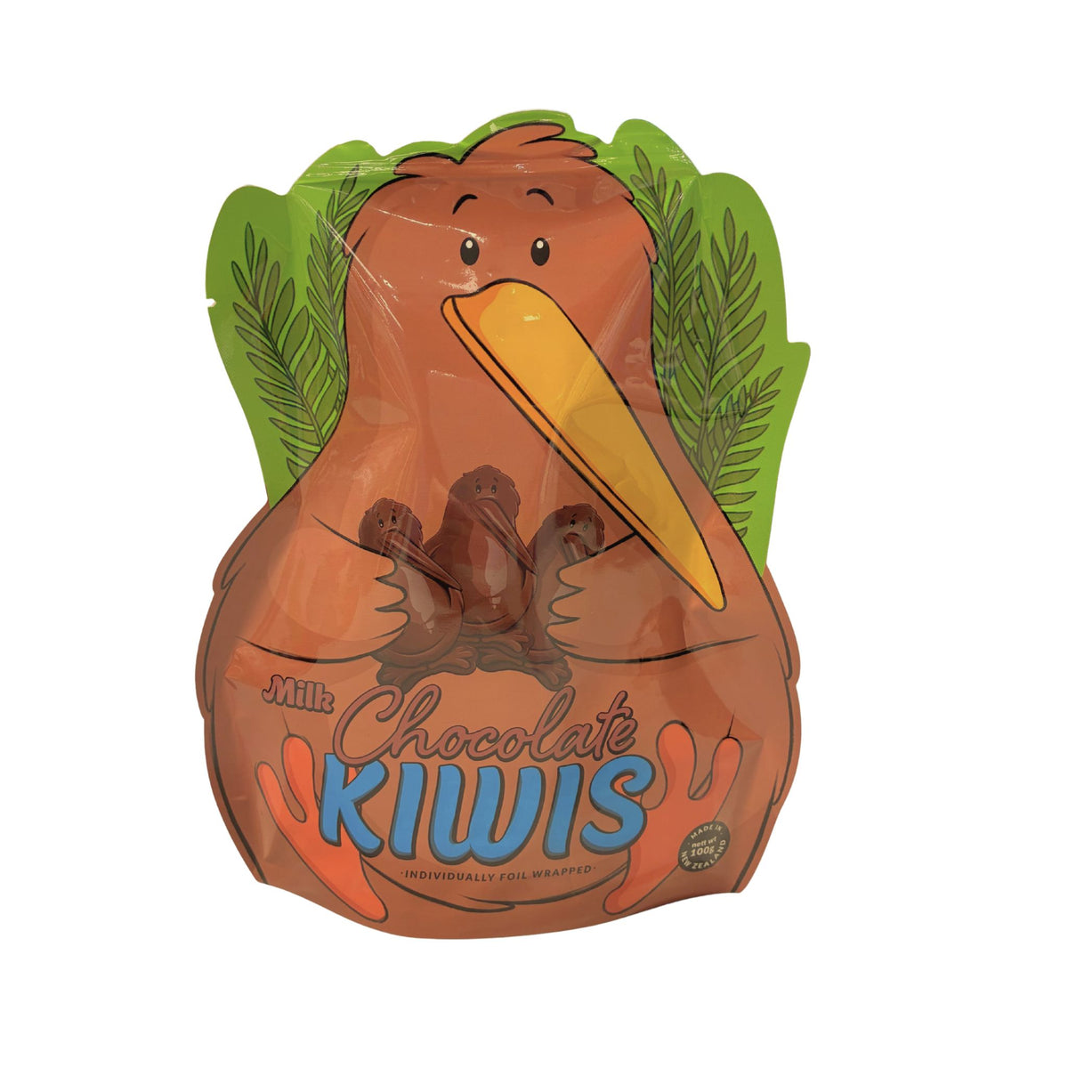 A novelty chocolate gift bag shaped like a kiwi bird, featuring a brown body, yellow beak, green wings, and the text 'Milch Chocolate Kiwis' on a white background.