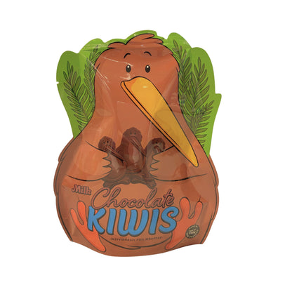 A novelty chocolate gift bag shaped like a kiwi bird, featuring a brown body, yellow beak, green wings, and the text 'Milch Chocolate Kiwis' on a white background.