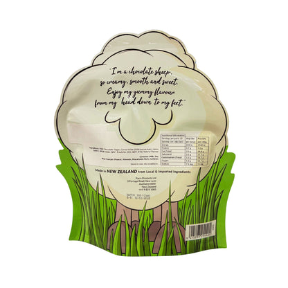 A 300g chocolate sheep-shaped snack bag shown from the back, featuring a cream-colored top half with black text and a green grassy bottom half with sheep illustrations.
