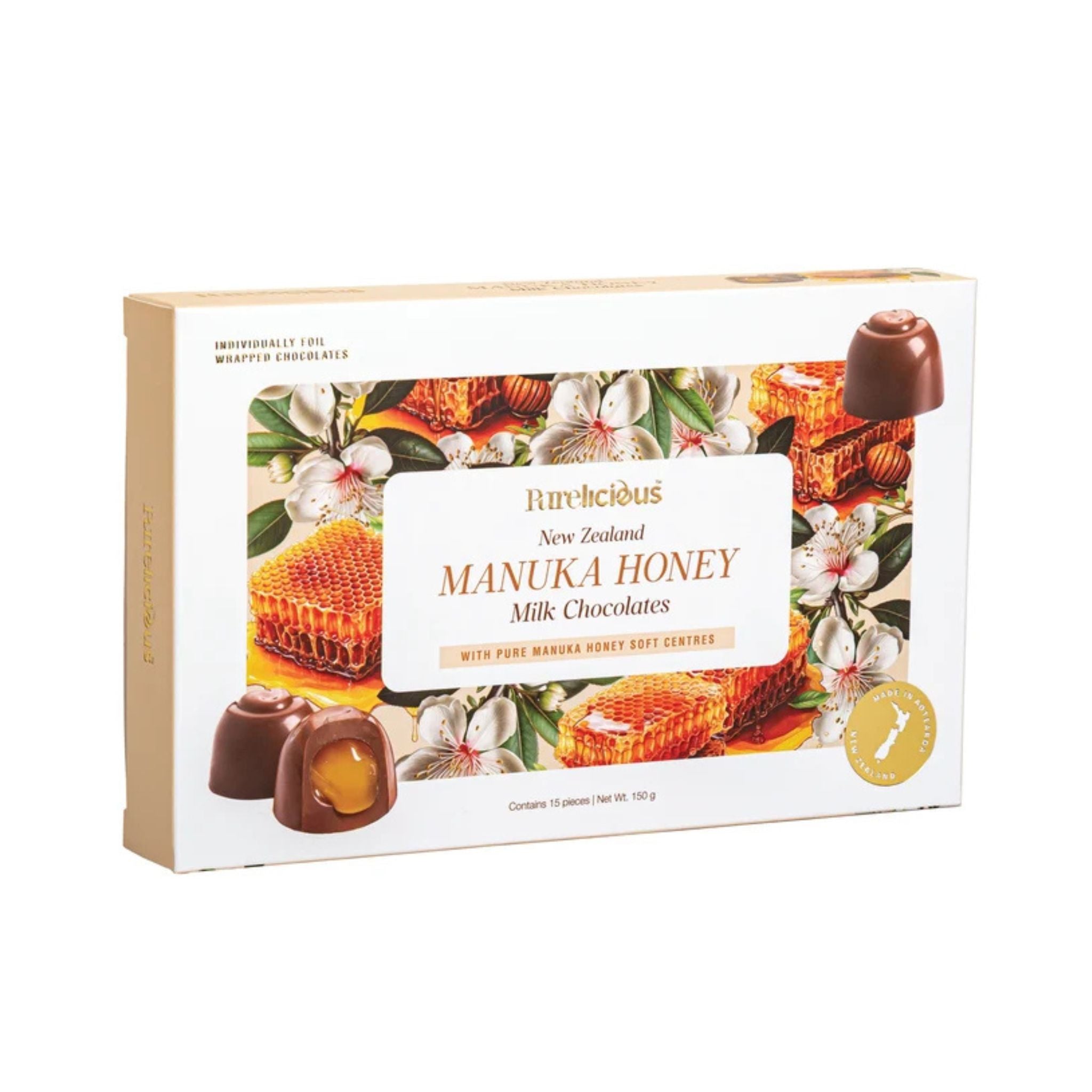 A rectangular box of Rivthiéus Manuka Honey Milk Chocolates on a plain white background. The packaging features a cream-colored border and a colorful front illustration with honeycomb, white flowers, leaves, and several chocolate pieces, including one cut open to show the honey filling.