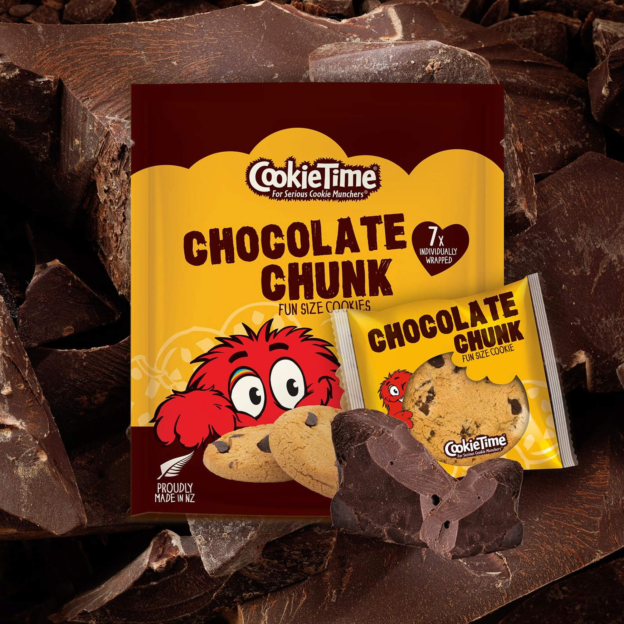 Cookie Time Chocolate Chunk cookies packaging on a chocolate background