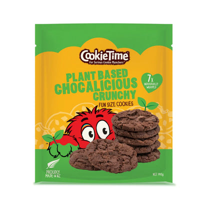 Packaging of CookieTime plant-based chocalicious crunchy cookies with a cartoon character on a white background.