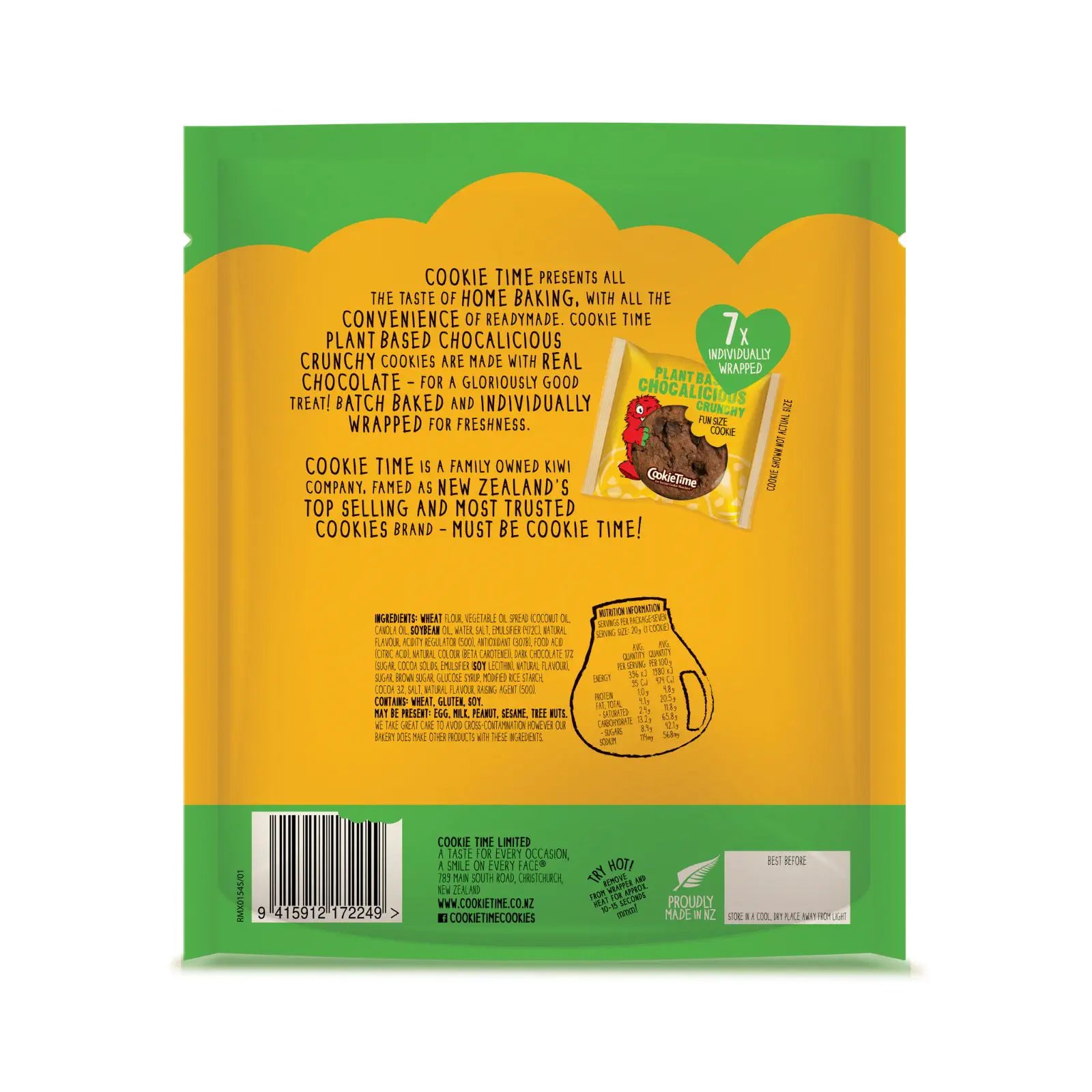 Back of a Cookie Time Plant Based Chocolicious 7 pack with text and branding on a white background